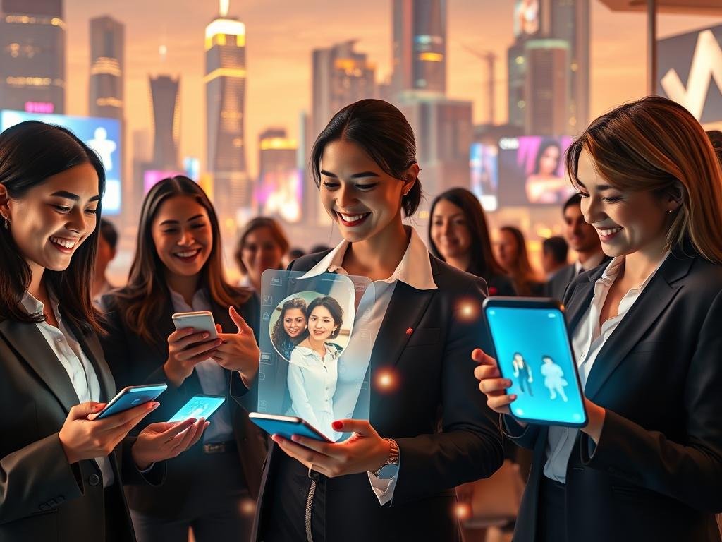 A futuristic digital interaction scene illustrating "User Experiences and Real-Time Interactions" with the theme of a virtual AI girlfriend chat app by sexlove.ai. In the foreground, a diverse group of individuals, dressed in professional business attire, engage with holographic interfaces displaying their chats, showcasing expressions of joy and focus. The middle ground features sleek, modern smartphones with glowing screens, while light trails simulate data flow and communication. In the background, a vibrant cityscape with towering skyscrapers and digital billboards adds a dynamic atmosphere. Warm, ambient lighting creates a welcoming mood, highlighting the human connection in a tech-driven world. Employ a wide-angle lens to capture the depth of the scene while focusing on the engaging interactions.