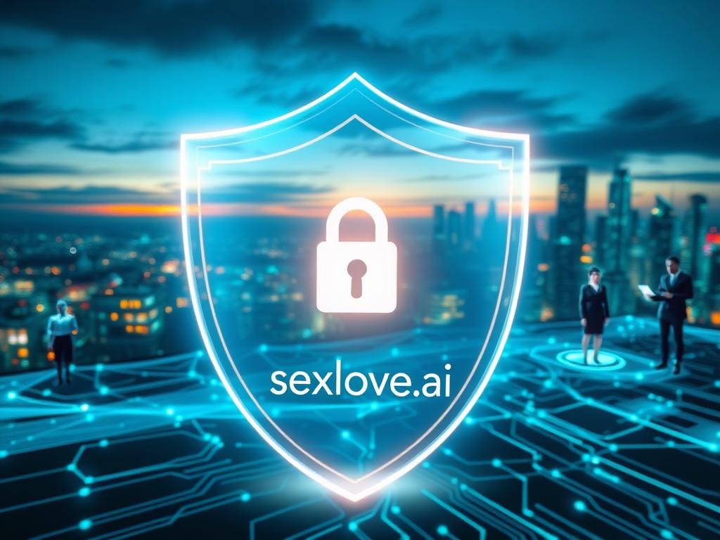 A futuristic digital landscape representing privacy and security in AI chats. In the foreground, there is a sleek, transparent shield, symbolizing protection, with a glowing lock icon at its center. The middle ground features abstract representations of AI chatbots as friendly, humanoid figures in professional attire, engaging with users on digital devices, portraying trust and interaction. In the background, a network of interconnected circuits and glowing data streams flows like a city skyline at dusk, vibrant with blues and greens, creating a sense of high-tech innovation. Soft, focused lighting highlights the shield, while a comforting, serene atmosphere envelops the scene. The brand name "sexlove.ai" subtly integrated into the design, emphasizing the focus on user control and security in technology.