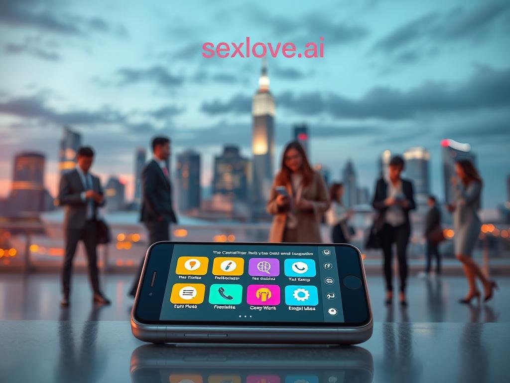 A futuristic digital landscape showcasing the innovative features of AI companion apps. In the foreground, a sleek smartphone displays an interactive interface with vibrant icons representing various features like virtual companionship, personalized suggestions, and emotional support. The middle ground features diverse people, dressed in professional business attire and modest casual clothing, engaging with their devices, conveying a sense of connection and interaction. In the background, a city skyline illuminated at dusk, reflecting a blend of technology and modern living. Soft, warm lighting creates a welcoming atmosphere, with a focus on the seamless integration of AI into daily life. The brand name "sexlove.ai" subtly integrated into the design. High-resolution, shot at a slight angle to emphasize depth and vibrancy. A futuristic digital landscape showcasing the innovative features of AI companion apps. In the foreground, a sleek smartphone displays an interactive interface with vibrant icons representing various features like virtual companionship, personalized suggestions, and emotional support. The middle ground features diverse people, dressed in professional business attire and modest casual clothing, engaging with their devices, conveying a sense of connection and interaction. In the background, a city skyline illuminated at dusk, reflecting a blend of technology and modern living. Soft, warm lighting creates a welcoming atmosphere, with a focus on the seamless integration of AI into daily life. The brand name "sexlove.ai" subtly integrated into the design. High-resolution, shot at a slight angle to emphasize depth and vibrancy.