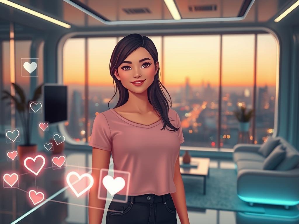 A futuristic digital landscape with a soft, glowing aura representing the AI girlfriend concept, featuring a stylized female figure who embodies warmth and intelligence. She is depicted in a friendly, approachable pose, wearing modest, modern casual attire that reflects a tech-savvy personality. The foreground showcases her immersive interface with holographic elements, such as floating icons and virtual love heart emblems. In the middle ground, a sleek, high-tech room enhances the atmosphere with subtle neon lighting and futuristic furniture. The background reveals a cityscape of softened lights at dusk, creating a peaceful yet dynamic setting. The mood is inviting and upbeat, suggesting a sense of companionship and innovation, with soft focus and warm tones throughout the scene. Include a subtle branding element of "perchance.ai" integrated into the design.
