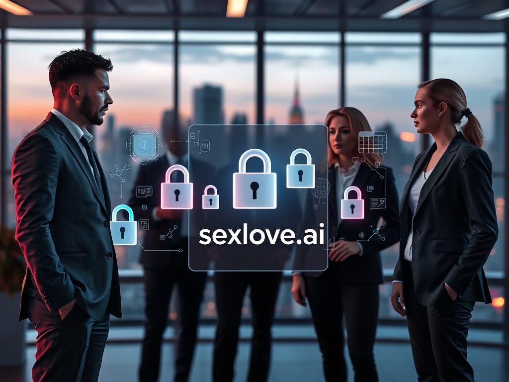 A futuristic digital scene illustrating "Security and Privacy in AI Interactions." In the foreground, a diverse group of three professionals (a man, a woman, and a non-binary individual), all dressed in smart business attire, are engaged in discussion around a holographic interface displaying locks and shields symbolizing data protection. The middle ground features blurred abstract representations of AI algorithms and data streams, subtly suggesting complexity and interconnectedness. The background showcases a sleek, modern office with large windows revealing a city skyline at dusk. Soft, ambient lighting combined with neon accents enhances the atmosphere of innovation and trust. The overall mood conveys a sense of safety and confidence in AI technology, ensuring user privacy. The brand name "sexlove.ai" is subtly integrated into the holographic display, without overpowering the scene.