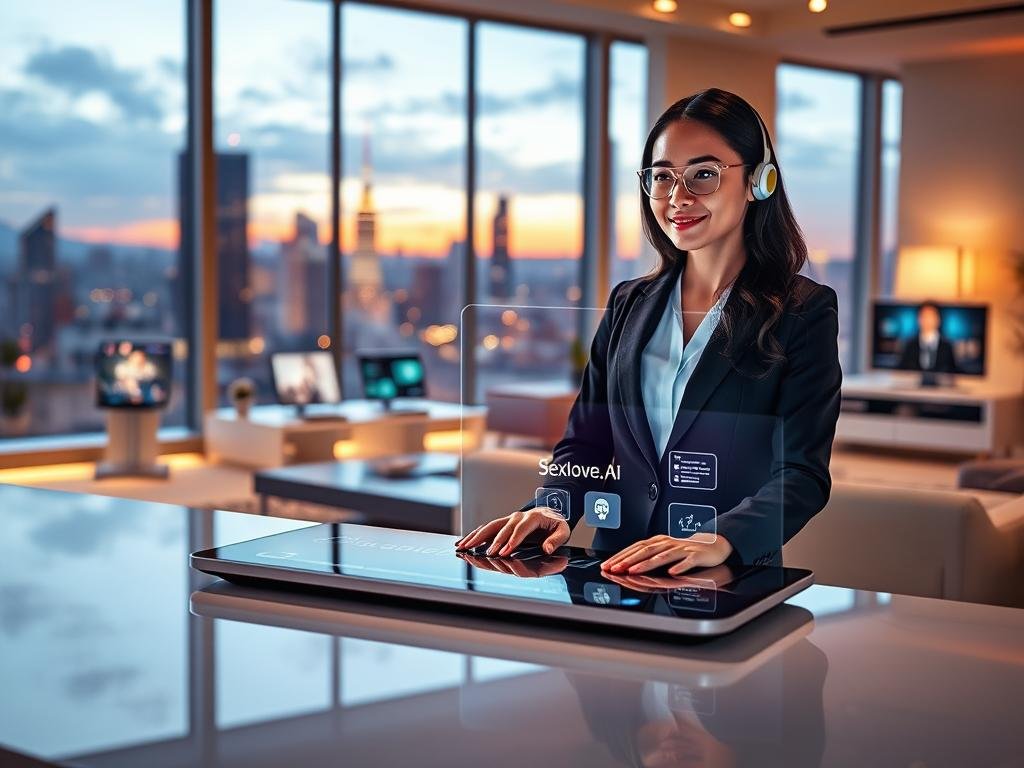 A futuristic digital scene showcasing the advancements in AI companionship, featuring a sleek, smart device on a modern, minimalist desk. In the foreground, a lifelike holographic AI companion, appearing as a friendly, professional businesswoman dressed in a smart suit, is engaging warmly with a user through augmented reality. The middle ground includes a glimpse of a high-tech living space filled with glowing screens displaying various AI interaction interfaces from "sexlove.ai". The background features a panoramic window showcasing a vibrant city skyline during twilight, with soft, ambient lighting that provides a cozy, innovative atmosphere. The image has a cinematic angle, with a slight depth of field effect, enhancing the warmth and connection between technology and human interaction. The mood feels hopeful and inviting, representing the evolution of AI girlfriend apps in modern times.