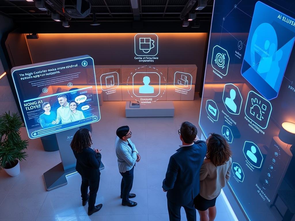 A futuristic, digital-themed workspace showcasing the standout features of sexlove.ai, featuring an interactive AI interface displayed on sleek holographic screens. In the foreground, a diverse group of individuals in professional business attire are engaging with the AI, demonstrating its user-friendly technology. The middle ground includes floating digital icons representing unique features like personalized conversation, emotional intelligence, and real-life simulations. The background features a modern office with soft, ambient lighting and a high-tech aesthetic, giving a sense of innovation and warmth. The atmosphere is inviting and engaging, perfect for illustrating advanced technology in a friendly environment. The composition should capture a high-angle view, emphasizing interaction, technology, and the human element of AI companionship.