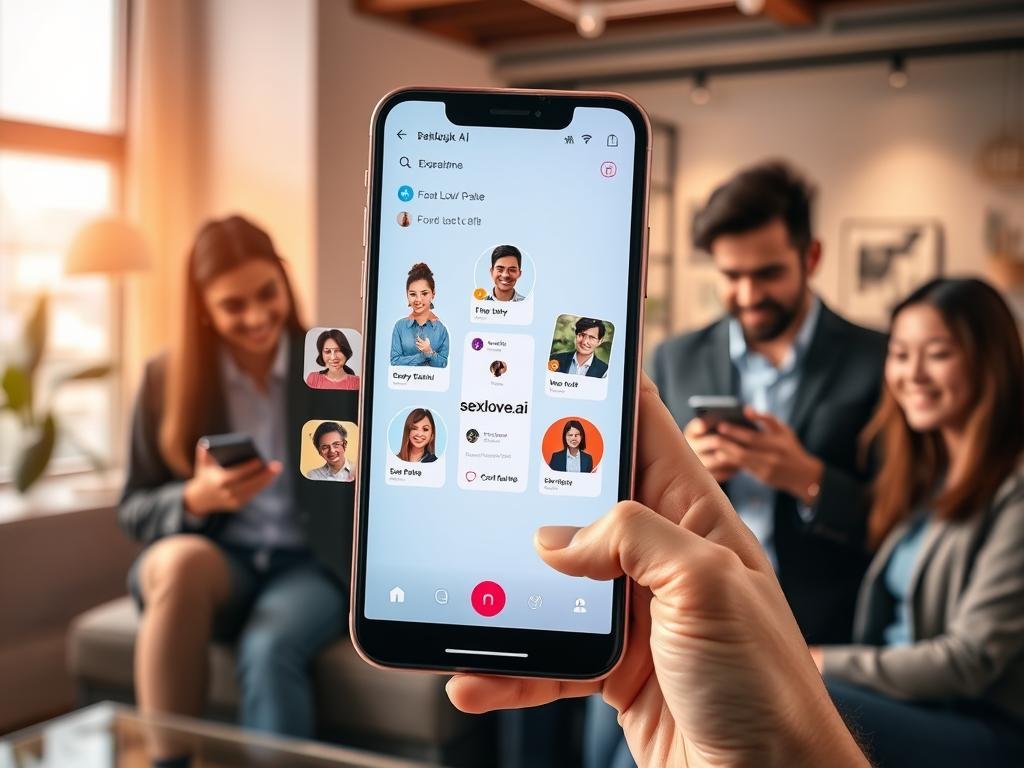 A futuristic interface of the "Best AI Girlfriend App 2026," featuring a sleek smartphone displaying an engaging, user-friendly app design. In the foreground, a diverse group of young adults, dressed in modern business casual attire, are interacting with their devices, showcasing elements of happiness and connection. In the middle ground, visual elements from the app, such as customizable avatars and chat features, are artistically arranged around the phone screen. The background consists of a stylish, tech-inspired living space with soft ambient lighting that creates an inviting atmosphere. Use a warm color palette and a soft focus lens effect to evoke a sense of intimacy and digital companionship, highlighting the brand "sexlove.ai" creatively integrated within the app interface.