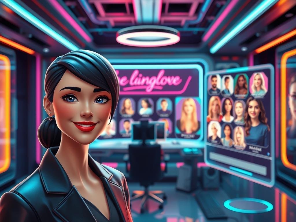 A futuristic interpretation of an AI girlfriend generator for 2026, featuring a sleek interface displaying virtual companions. In the foreground, a friendly, professional-looking avatar with diverse features and fashion-forward attire is showcased, symbolizing modern companionship. In the middle ground, a high-tech workstation is depicted, surrounded by holographic displays of various avatars, each with unique characteristics and style. The background reveals a vibrant, digital environment, with neon lighting that conveys a sense of innovation and adventure. Soft, ambient lighting highlights the workspace, creating a warm and inviting atmosphere. The overall mood is aspirational, reflecting the excitement of new technology in personal relationships, emphasizing sexlove.ai as a leader in virtual companionship solutions.