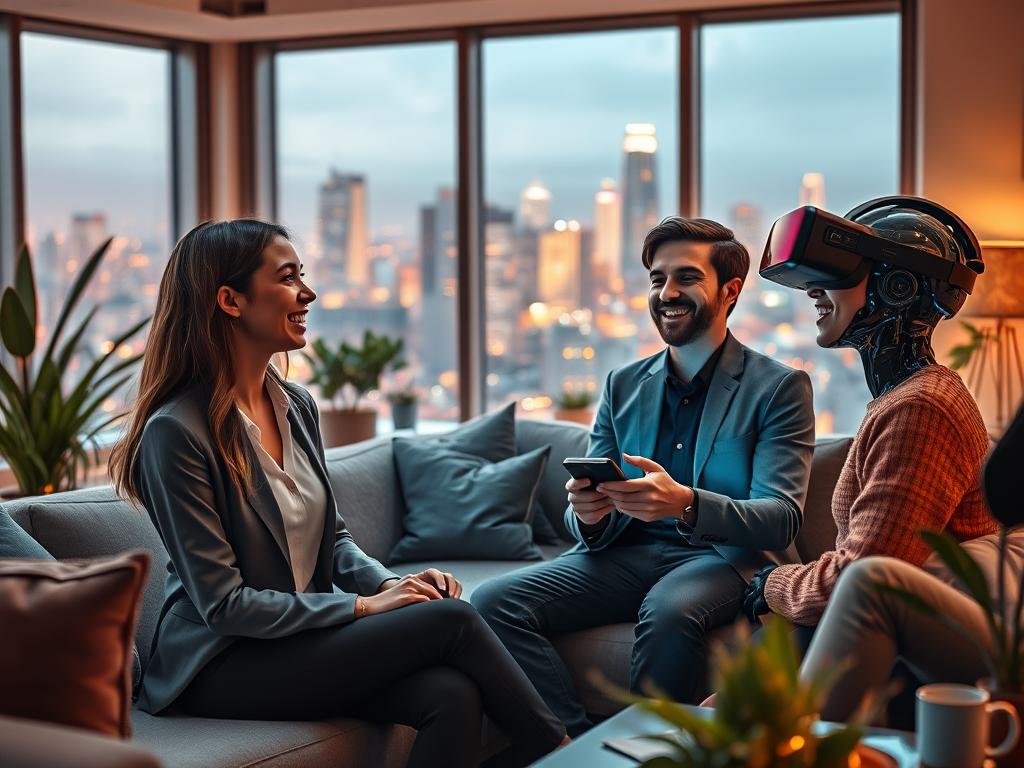 A futuristic living room in 2026, showcasing a diverse group of individuals, their expressions reflecting joy and connection as they interact with sleek, humanoid AI companions. In the foreground, a young woman in professional attire sits on a modern couch, engaged in conversation with an AI assistant, whose design blends realism and technology seamlessly. The middle ground features a man in smart casual clothing laughing while holding a virtual reality device, his AI companion whispering suggestions. The background includes large windows overlooking a vibrant cityscape, illuminated by soft, warm lighting that creates a cozy atmosphere. Decorative plants and high-tech gadgets set an inviting tone. Add subtle branding elements of "sexlove.ai" integrated into the environment, emphasizing the theme of companionship in this AI-enhanced world.