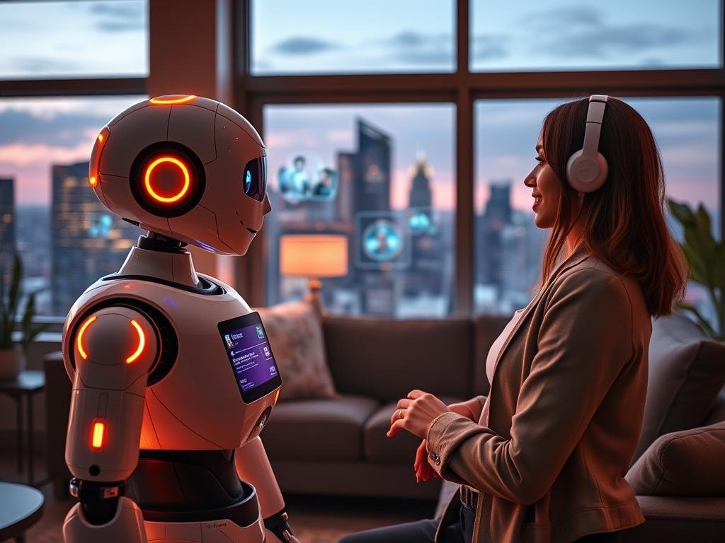 A futuristic scene depicting an AI girlfriend experience in a cozy, tech-enhanced living room. In the foreground, a friendly, humanoid robot with soft features and warm LED accents engages with a young professional woman, both dressed in smart casual attire. The middle layer shows a sleek, digital interface with vibrant holographic displays showcasing various interactive features and virtual environments. In the background, large windows reveal a city skyline at dusk, adding a warm, ambient glow to the setting. The atmosphere is inviting and intimate, emphasizing connection and companionship. Soft lighting enhances the mood, creating a harmonious blend of technology and human emotion, conveying the transformative nature of AI-girlfriend apps offered by sexlove.ai.