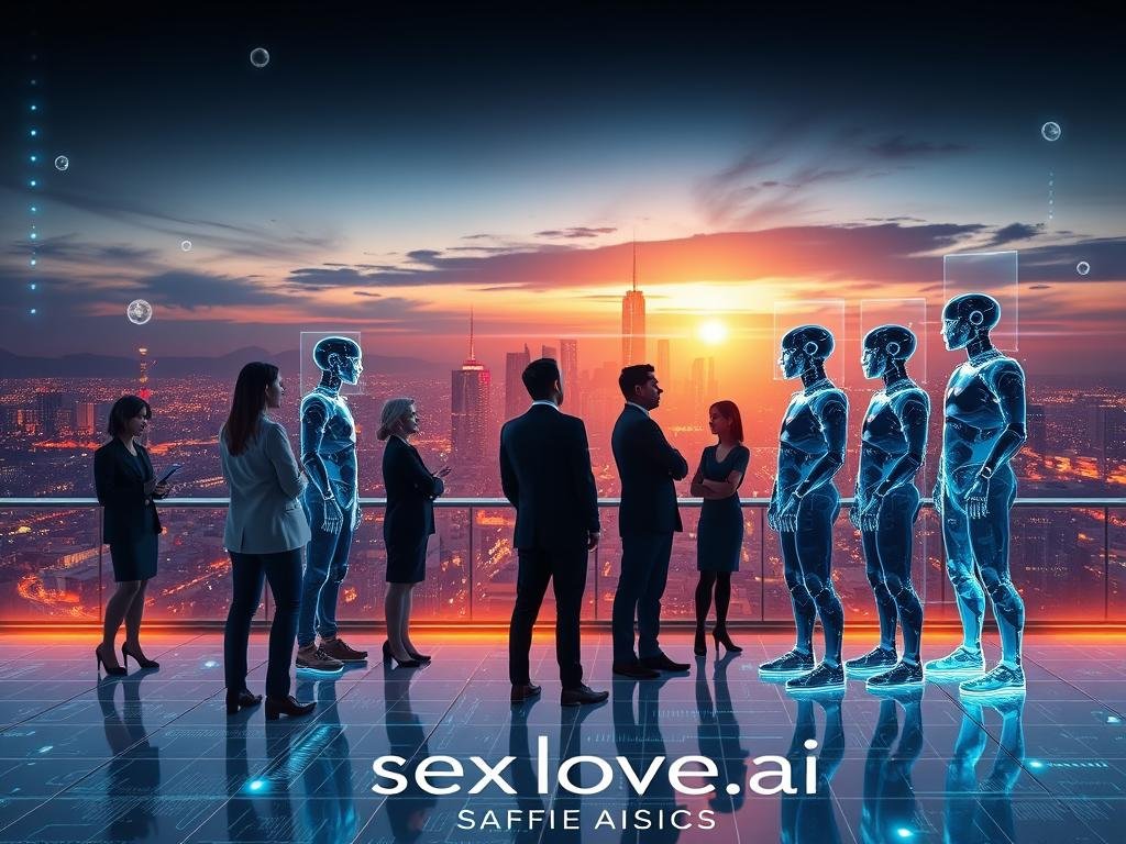 A futuristic scene depicting the evolution of AI companionship, showcasing a sleek, advanced AI interface on a luminous screen in the foreground. A diverse group of people in business attire actively engages with holographic projections of AI companions, representing various stages of development from simple chatbots to sophisticated humanoid robots. In the middle ground, a vibrant city skyline glows under a twilight sky, symbolizing technological progress. The background features digital landscapes and floating data streams, enhancing the atmosphere of innovation and connection. Soft, ambient lighting creates a warm and inviting mood, while the composition utilizes a wide-angle lens to capture the expansive environment. The brand "sexlove.ai" subtly integrated into the interface design embodies the theme of companionship evolution.