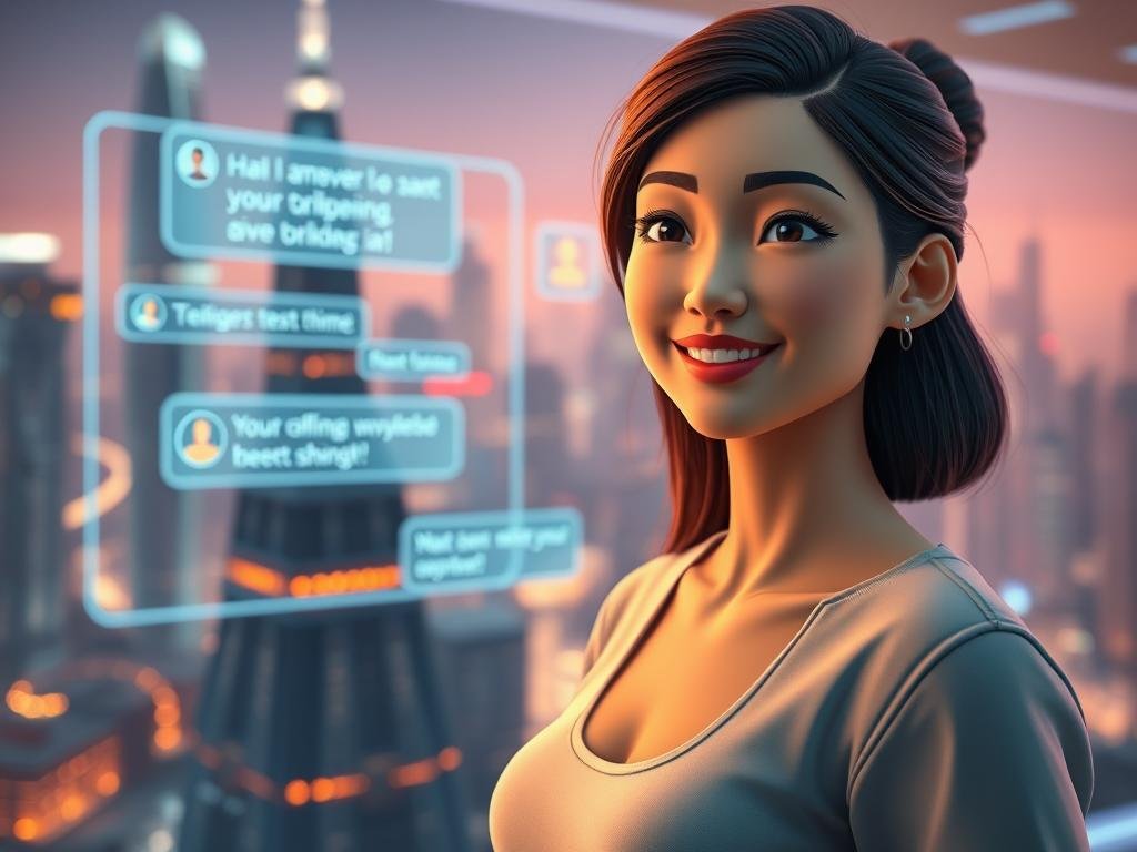A futuristic scene showcasing an AI girlfriend in a virtual environment, engaged in real-time interactions. In the foreground, a lifelike 3D female avatar with expressive features and a warm smile, dressed in stylish, modest casual clothing. The middle ground features a sleek, high-tech interface displaying holographic communication elements, emphasizing dynamic text exchanges. In the background, a contemporary digital cityscape filled with glowing skyscrapers and advanced technology, creating an immersive atmosphere. Soft, ambient lighting casts a warm glow, enhancing the inviting mood. The camera angle is slightly elevated, providing a comprehensive view of the interactions, while the overall scene radiates innovation and connection, clearly branded with "sexlove.ai" in a subtle design element, ensuring a cohesive narrative.