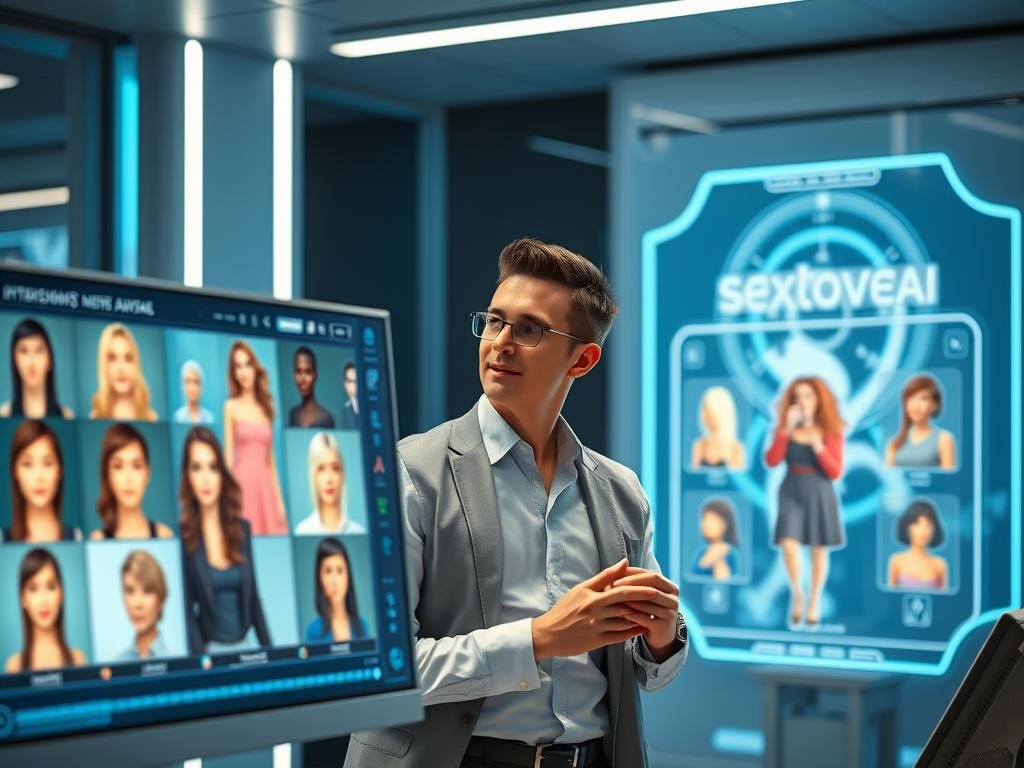 A futuristic scene showcasing an advanced AI girlfriend generator from sexlove.ai, set in a sleek, modern office space. In the foreground, a sophisticated computer interface displays interactive 3D avatars of AI companions, each with diverse appearances and styles, reflecting personality traits. In the middle, a tech-savvy individual, dressed in professional attire, is engaged in customizing an avatar, expressing curiosity and excitement. The background features high-tech elements like holographic displays and soft blue ambient lighting, creating a serene and innovative atmosphere. The scene is illuminated with soft, diffused lighting to enhance the futuristic vibe, captured from a slightly elevated angle to emphasize the interaction with the technology. The mood is optimistic and exploratory, highlighting the potential of AI in personal relationships.