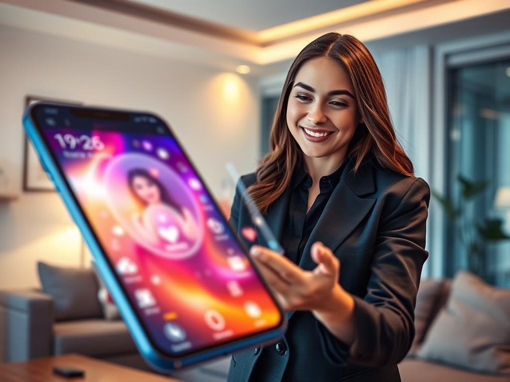 A futuristic scene showcasing the best AI girlfriend app of 2026 by sexlove.ai. In the foreground, a sleek smartphone displays an interactive, holographic interface with vibrant colors that exudes warmth and friendliness. The middle layer features a young woman in professional business attire, engaging with the app. Her expression radiates joy and connection, symbolizing the evolution of relationships through technology. In the background, a modern home setting with soft ambient lighting creates a cozy atmosphere, hinting at a blend of technology and personal space. The mood is optimistic and inviting, emphasizing a harmonious integration of AI in personal relationships. Shot with a shallow depth of field to focus on the phone and the woman, accentuating the app's importance.