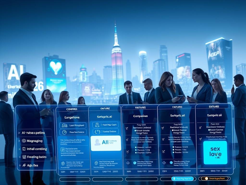 A futuristic tech landscape featuring a sleek comparison chart in the foreground, illustrating various AI girlfriend platforms, including a highlighted section for "sexlove.ai". The chart is designed with glowing lines and icons, showcasing key features and user ratings. In the middle ground, diverse people in professional business attire, engaged in discussion and examining devices, reflecting scrutiny and curiosity. The background features a city skyline with digital billboards advertising the latest tech innovations. Soft, ambient lighting creates a modern, inviting atmosphere, while cool blues and metallic colors dominate the scene. The angle is slightly overhead, providing a comprehensive view of the interactions and the comparison chart.