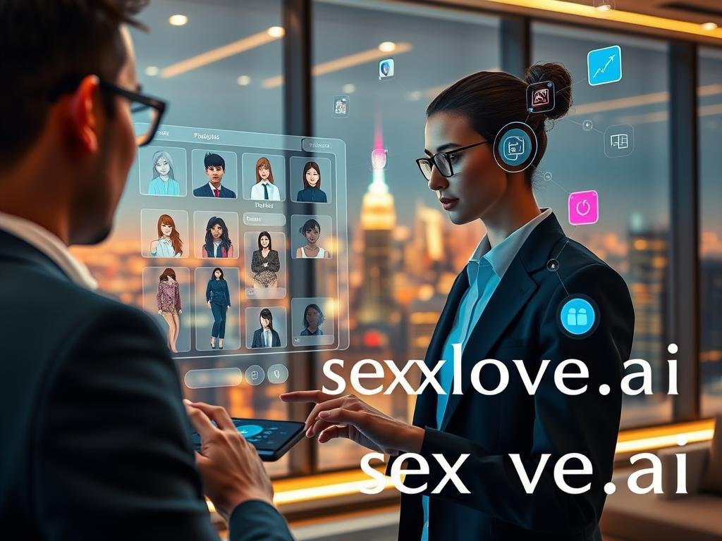 A futuristic tech setting depicting a user customizing a virtual girlfriend interface on a sleek, modern device. In the foreground, a person in professional attire, focused and engaged, interacts with a holographic display showing various customization options: hairstyles, outfits, and personality traits. In the middle ground, a vibrant city skyline is visible through a large window, suggesting advanced technology and connectivity. The background features soft, ambient lighting that creates a warm and inviting atmosphere, enhancing the feeling of innovation and comfort. Capture the excitement of personalization as colorful icons and graphics float around the user&rsquo;s interface. The scene subtly incorporates the brand name "sexlove.ai" in an elegant, embedded style, emphasizing the virtual dating experience.