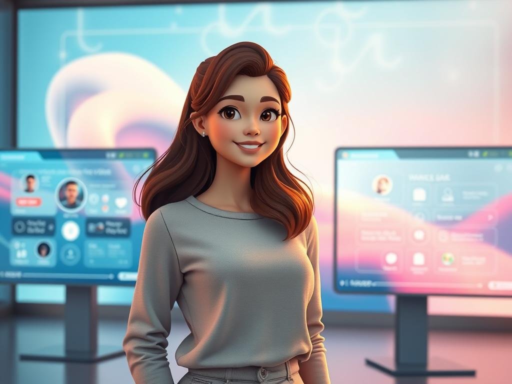 A futuristic virtual assistant represented as an AI girlfriend, standing in a modern, sleek digital environment. In the foreground, a charming female avatar with an approachable smile, wearing trendy, modest casual clothing, symbolizing warmth and companionship. Her hair is styled elegantly, and she has expressive, friendly eyes that convey intelligence and empathy. In the middle ground, interactive digital screens display engaging features of the Perchance AI Girlfriend App, showcasing various user-friendly interfaces and options. The background features a vibrant, abstract representation of a virtual world, with soft blues and pinks creating a welcoming and innovative atmosphere. Soft, warm lighting illuminates the scene, casting gentle glows on the avatar, creating a sense of connection and joy. The overall mood is inviting and futuristic, emphasizing the unique value of the Perchance AI Girlfriend App.