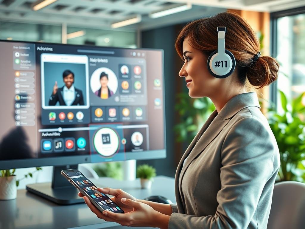 A futuristic workspace representing "Voice, Photo, and Video Capabilities," featuring a sleek, high-tech interface on a computer screen displaying advanced AI technologies. In the foreground, a professional woman in modest business attire, engaged in a voice conversation with a friendly, virtual assistant projected as a holographic image. The middle ground includes a smartphone with various app icons, highlighting the user-friendly design of "sexlove.ai." The background showcases a modern, softly lit office environment filled with greenery, creating a relaxed and inviting atmosphere. The lighting is warm and soft, emphasizing a sense of innovation and accessibility. The mood is professional yet welcoming, reflecting the synergy between technology and user interaction. A futuristic workspace representing "Voice, Photo, and Video Capabilities," featuring a sleek, high-tech interface on a computer screen displaying advanced AI technologies. In the foreground, a professional woman in modest business attire, engaged in a voice conversation with a friendly, virtual assistant projected as a holographic image. The middle ground includes a smartphone with various app icons, highlighting the user-friendly design of "sexlove.ai." The background showcases a modern, softly lit office environment filled with greenery, creating a relaxed and inviting atmosphere. The lighting is warm and soft, emphasizing a sense of innovation and accessibility. The mood is professional yet welcoming, reflecting the synergy between technology and user interaction.