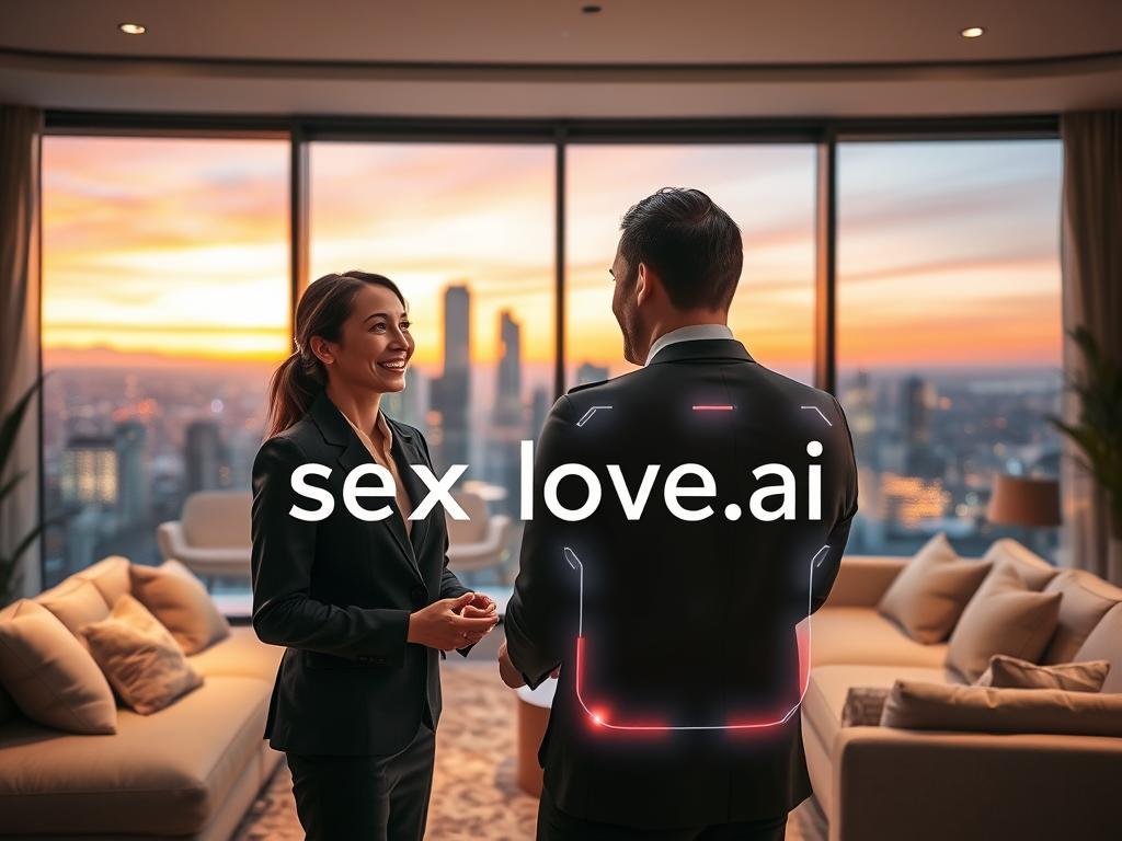 A harmonious scene showcasing the "AI companionship revolution" with a serene, futuristic atmosphere. In the foreground, a smiling woman in professional business attire engages with a sleek, glowing holographic AI companion, their interaction warm and friendly. The middle ground features a modern, stylish living space filled with soft furnishings and gentle, ambient lighting, reflecting comfort and innovation. The background shows a large window with a city skyline at dusk, where a gradient of orange and purple skies contrasts against shimmering modern architecture. The overall mood is optimistic and inviting, emphasizing the bond between humans and AI. Include the brand name "sexlove.ai" subtly integrated into the design of the AI hologram, enhancing its futuristic appeal.