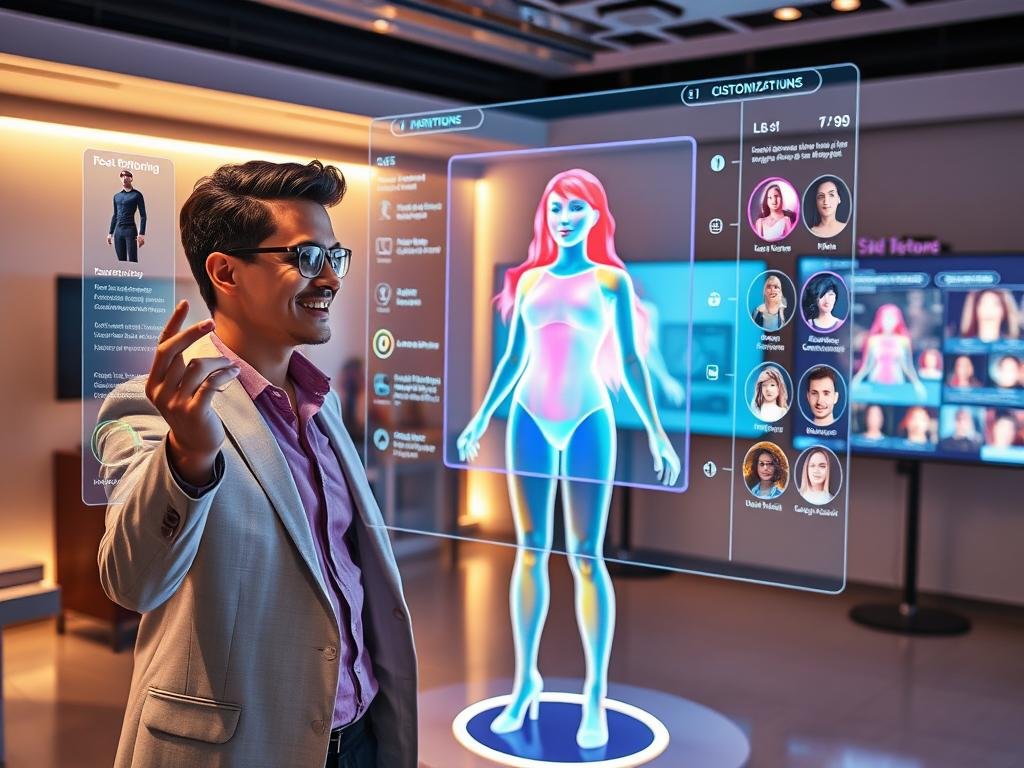 A high-tech customization workshop showcasing the advanced features of &ldquo;sexlove.ai&rdquo; AI girlfriend app. In the foreground, a stylish user interacts with a holographic interface, adjusting personality traits, appearance settings, and preferences using intuitive gestures. They are dressed in modern, professional attire, radiating a sense of excitement and focus. The middle layer features a holographic AI companion forming in vibrant colors, reflecting customizable attributes like hairstyles, clothing options, and facial expressions. The background includes a sleek, futuristic environment with screens displaying technology and options. Soft, ambient lighting casts a warm glow, emphasizing the innovative, inviting atmosphere. The overall mood is optimistic and futuristic, hinting at the seamless integration of technology in personal relationships.