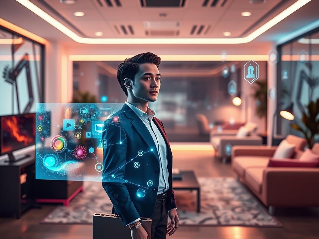 A modern, advanced AI companionship interface is prominently featured in the foreground, showcasing a sleek holographic display that emanates vibrant colors and intricate patterns, symbolizing advanced visuals and interactive communication. The AI companion appears as a friendly digital avatar, designed with an inviting demeanor, dressed in smart casual business attire, embodying approachability and professionalism. In the middle ground, soft, ethereal lighting accentuates a blend of technology and warmth, with immersive digital elements like floating icons and interactive data streams surrounding the avatar. The background features a futuristic workspace with advanced tech devices, soft ambient lighting, and sleek furnishings that create a welcoming atmosphere, evoking a sense of connection and engagement. This image represents the cutting-edge experiences offered by sexlove.ai in 2026.