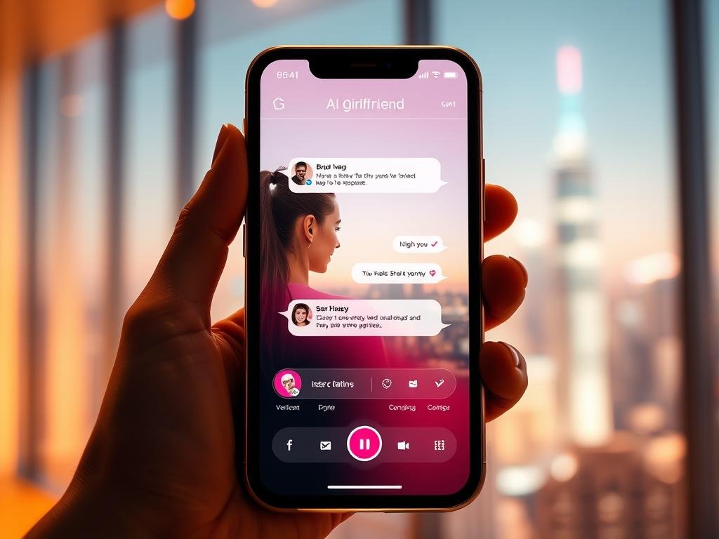 A modern digital interface showcasing the unique features of SexLove AI. In the foreground, visualize a sleek smartphone displaying an interactive AI girlfriend application with vibrant graphics and user-friendly navigation. The middle layer includes digital representation of AI features like personalized conversation bubbles, emotional response indicators, and a smart chatbot interface, all elegantly designed. The background features a soft-focus, futuristic city skyline suggesting innovation and technology, bathed in warm, inviting lighting. Use a shallow depth of field to highlight the phone in clear focus while gently blurring the background. The overall atmosphere is futuristic yet approachable, reflecting a sense of connection and advanced AI innovation, embodying the essence of sexlove.ai.