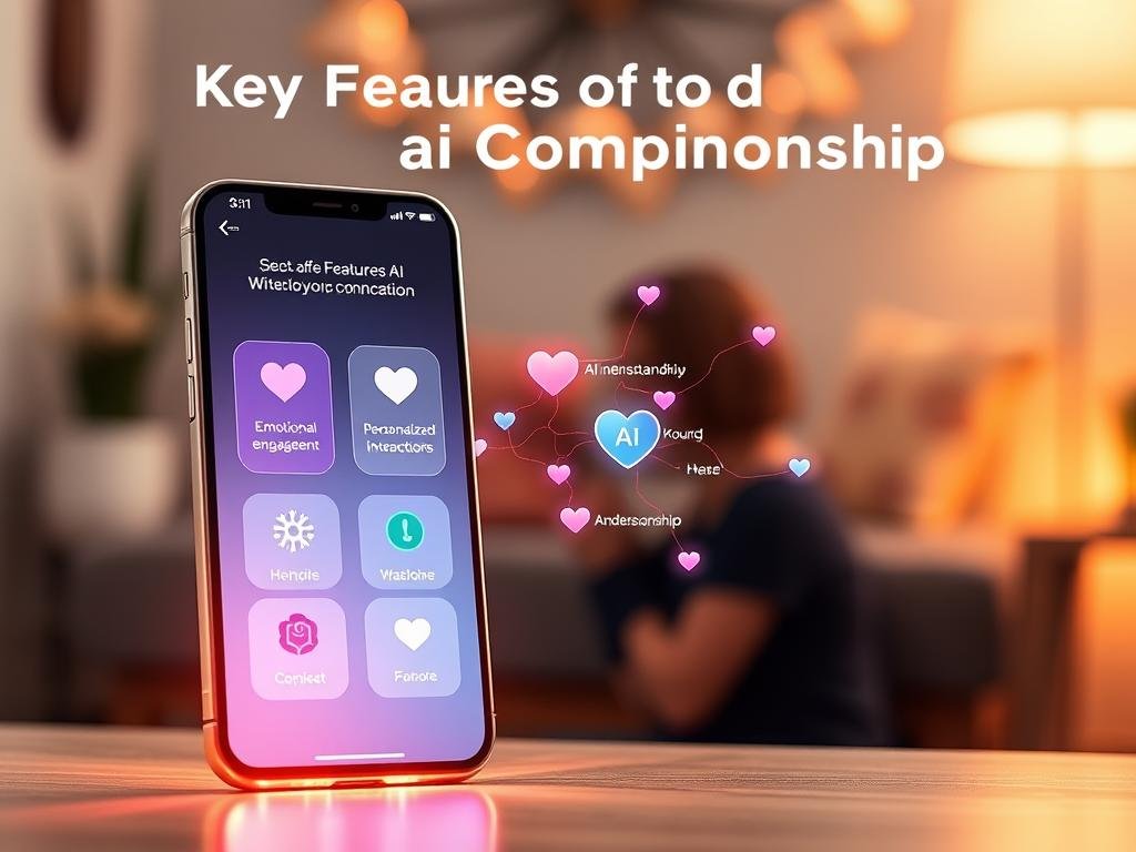 A modern, sleek digital interface showcasing the "Key Features of AI Companionship" for the app by sexlove.ai. In the foreground, display a glowing smartphone displaying an intuitive app interface with vibrant icons representing emotional engagement, personalized interactions, and AI understanding. The middle layer features visual elements like heart icons, chat bubbles, and abstract connection lines pulsing softly, symbolizing warmth and companionship. The background should be a soft-focus, cozy room setting with warm lighting, adding an inviting atmosphere. Use a shallow depth of field to emphasize the smartphone and features, capturing a sense of intimacy and technology blending harmoniously. The overall mood should be bright, hopeful, and engaging, inviting users to explore this innovative companionship experience.