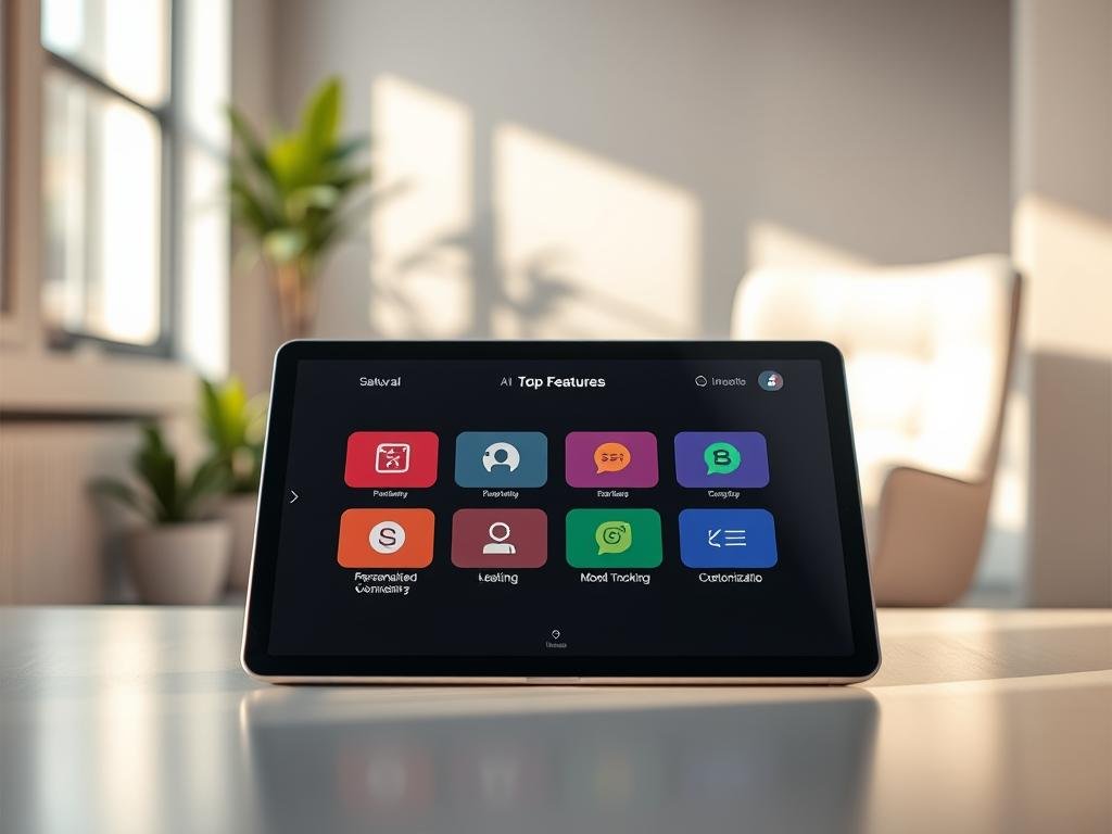 A modern, sleek interface of the 'sexlove.ai' app showcased on a digital tablet. In the foreground, the tablet displays vibrant icons representing top features like personalized conversations, mood tracking, and customization options, surrounded by subtle animations. In the middle, a gently blurred office background with soft ambient lighting creates a warm and inviting atmosphere. In the background, a minimalistic workspace includes a comfortable chair and potted plants, emphasizing a professional yet cozy environment. The scene is illuminated by soft, diffused light from a nearby window, casting gentle shadows. The overall mood is innovative and friendly, highlighting the app's accessibility and user-friendliness, appealing to a diverse audience interested in AI technologies.