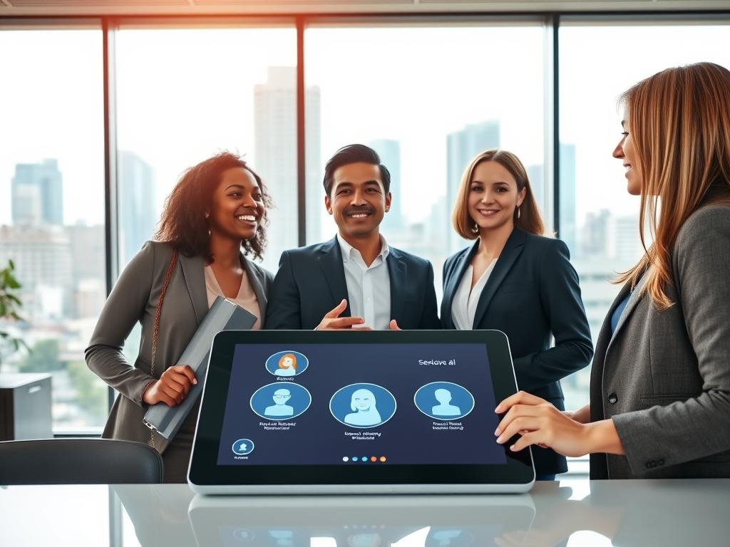 A modern, sleek office space serves as the backdrop, with a large window displaying a city skyline. In the foreground, a diverse group of three individuals engaged in a conversation, dressed in professional business attire: a Black woman, an Asian man, and a Caucasian woman, all expressing enthusiasm and connection. In the middle ground, a high-tech tablet showcases the interface of the AI girlfriend app "sexlove.ai," with glowing icons representing communication methods like video calls and chat. Soft, natural lighting filters through the window, creating a warm, inviting atmosphere. The image is captured using a slightly elevated angle to emphasize the exchange, evoking a sense of anticipation and modernity in communication technology. A modern, sleek office space serves as the backdrop, with a large window displaying a city skyline. In the foreground, a diverse group of three individuals engaged in a conversation, dressed in professional business attire: a Black woman, an Asian man, and a Caucasian woman, all expressing enthusiasm and connection. In the middle ground, a high-tech tablet showcases the interface of the AI girlfriend app "sexlove.ai," with glowing icons representing communication methods like video calls and chat. Soft, natural lighting filters through the window, creating a warm, inviting atmosphere. The image is captured using a slightly elevated angle to emphasize the exchange, evoking a sense of anticipation and modernity in communication technology.