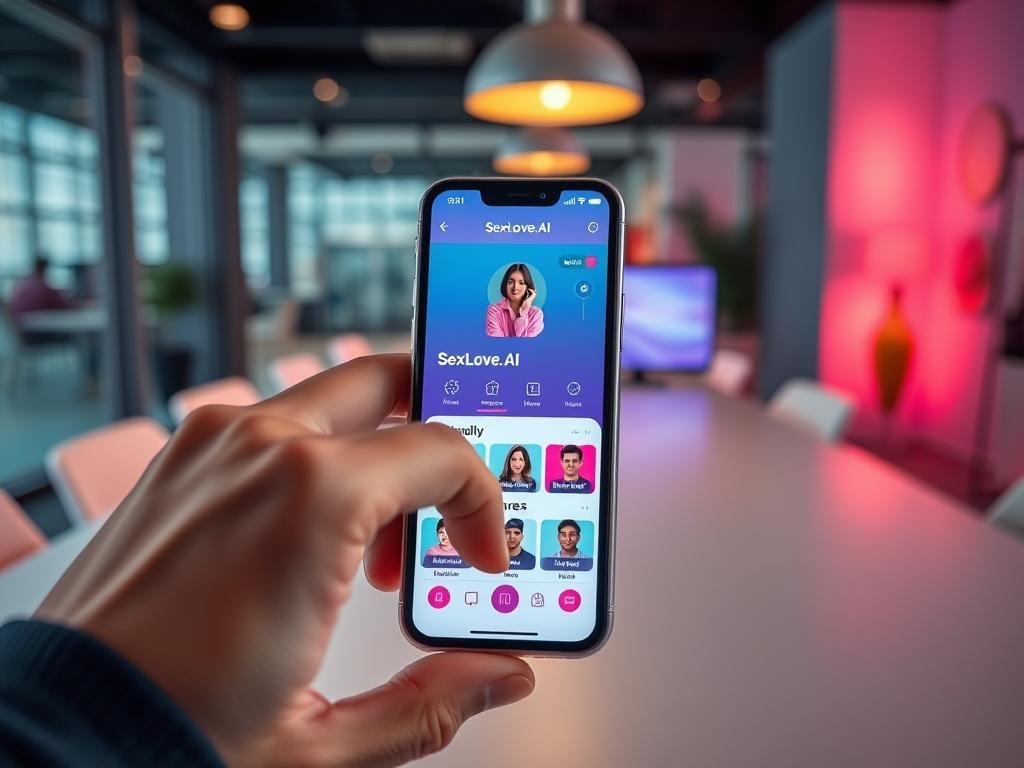 A modern smartphone displays an intuitive user interface of the SexLove.ai app, showcasing its sleek design with vibrant colors and smooth navigation. The foreground features a close-up of a user&rsquo;s hand interacting with the app, swiping through a clean, minimalistic layout that emphasizes user engagement. The middle ground illustrates the app&rsquo;s various features, including personalized chat options and customizable avatars, laid out in an eye-catching, easy-to-use grid. In the background, a softly lit modern workspace enhances a professional yet inviting atmosphere. The overall mood is user-friendly and innovative, highlighting cutting-edge technology in app design while ensuring compliance with professional standards. The lighting accentuates the app's interface, drawing attention to its features, while maintaining a warm, welcoming ambiance.