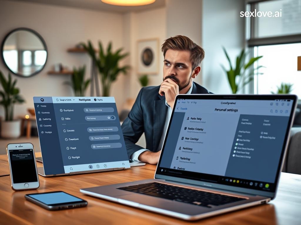 A modern workspace featuring the Grok AI Girlfriend app setup. In the foreground, a sleek laptop is open, displaying the user-friendly interface of the app, showcasing various personal settings and interactive features. Beside the laptop, a smartphone shows notifications from the app. In the middle ground, a thoughtful individual, dressed in professional business attire, sits intently working on configuring their AI experience, with a look of curiosity and engagement on their face. The background includes a stylish, well-lit room with contemporary decor, plants, and a cozy atmosphere, indicating a blend of technology and personal space. Soft, warm lighting enhances the inviting feel, while a shallow depth of field focuses on the user’s expressions and the screen's content. The brand name "sexlove.ai" is subtly reflected in the app design, emphasizing its innovative technology. A modern workspace featuring the Grok AI Girlfriend app setup. In the foreground, a sleek laptop is open, displaying the user-friendly interface of the app, showcasing various personal settings and interactive features. Beside the laptop, a smartphone shows notifications from the app. In the middle ground, a thoughtful individual, dressed in professional business attire, sits intently working on configuring their AI experience, with a look of curiosity and engagement on their face. The background includes a stylish, well-lit room with contemporary decor, plants, and a cozy atmosphere, indicating a blend of technology and personal space. Soft, warm lighting enhances the inviting feel, while a shallow depth of field focuses on the user’s expressions and the screen's content. The brand name "sexlove.ai" is subtly reflected in the app design, emphasizing its innovative technology.