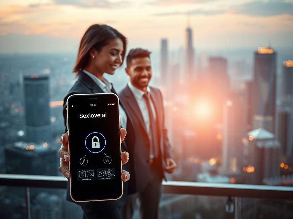 A serene and futuristic digital landscape illustrating the concept of safety and privacy in AI girlfriend apps. In the foreground, a sleek, modern smartphone displaying the user interface of "sexlove.ai", with secure icons symbolizing encryption and user control. The middle ground features a professional-looking user, a diverse individual dressed in smart casual attire, interacting with the app, their expression reflecting confidence and satisfaction. The background showcases a stylized digital cityscape with glowing lights and abstract representations of data protection, emphasizing a safe digital environment. Soft, ambient lighting enhances a trustworthy and advanced atmosphere, with a lens flare effect to evoke a sense of innovation. The overall mood conveys reassurance, warmth, and the ethical use of technology in personal relationships.