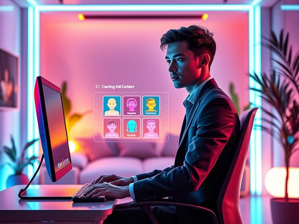 A serene and futuristic digital workspace showcasing a user immersed in building their ideal virtual companion, designed through the "sexlove.ai" platform. In the foreground, a stylish young individual seated at a sleek computer, focused and engaged, wearing professional yet comfortable attire. The middle ground features a holographic interface displaying customizable features of an AI companion, with vibrant colors and smooth animations. In the background, an ambient room bathed in soft, warm lighting creates an intimate and inviting atmosphere, with futuristic decor and plants enhancing the tranquility. The scene captures a mood of creativity, hope, and innovation, emphasizing the possibilities of virtual companionship in a tech-savvy future.
