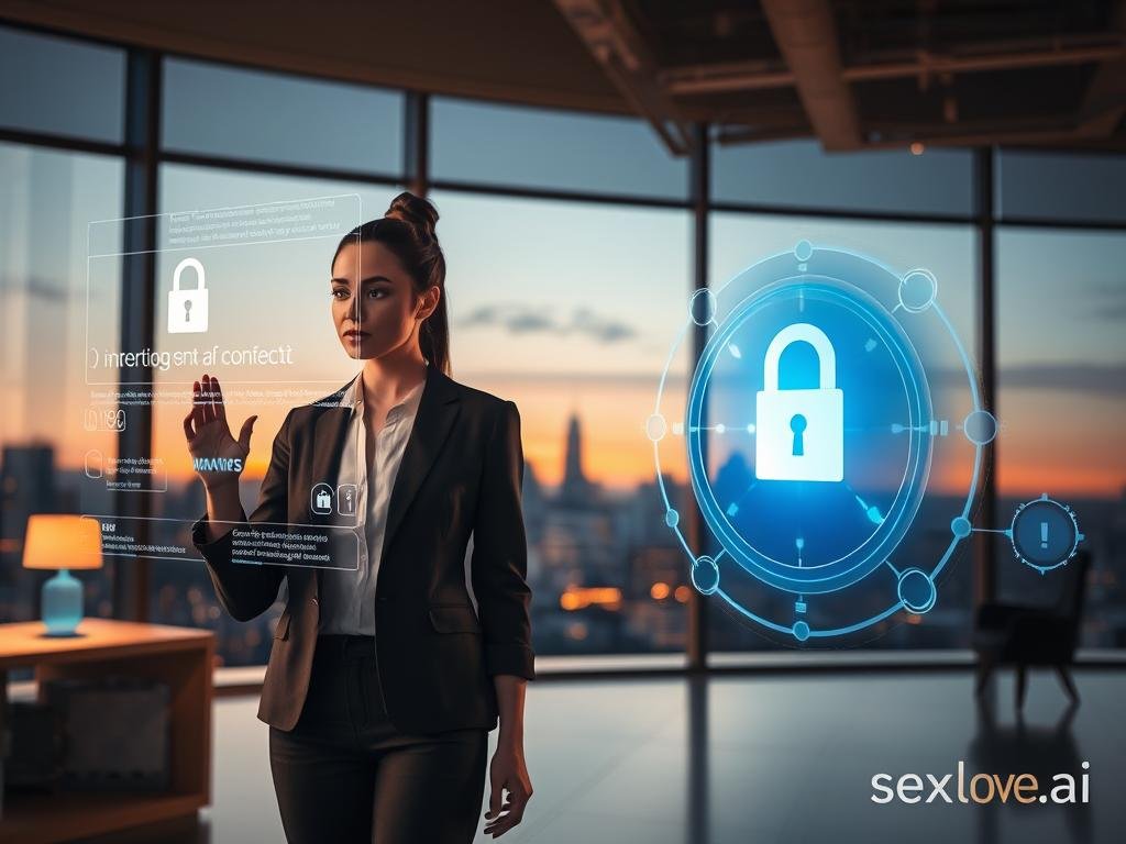 A serene and futuristic office environment illustrating "Security and Privacy in AI Interaction." In the foreground, a professional woman in smart casual attire is deeply engaged with a sleek holographic interface, displaying encrypted data streams and secure connection symbols. The middle ground features a high-tech virtual assistant projected in a soft blue light, with locks and shield icons representing security measures. In the background, large windows reveal a cityscape under twilight, symbolizing a safe, connected world. The lighting is warm and inviting, with a focus on the holographic elements, creating an atmosphere of trust and innovation. This scene embodies the essence of the brand "sexlove.ai," emphasizing strong data privacy in AI interactions.