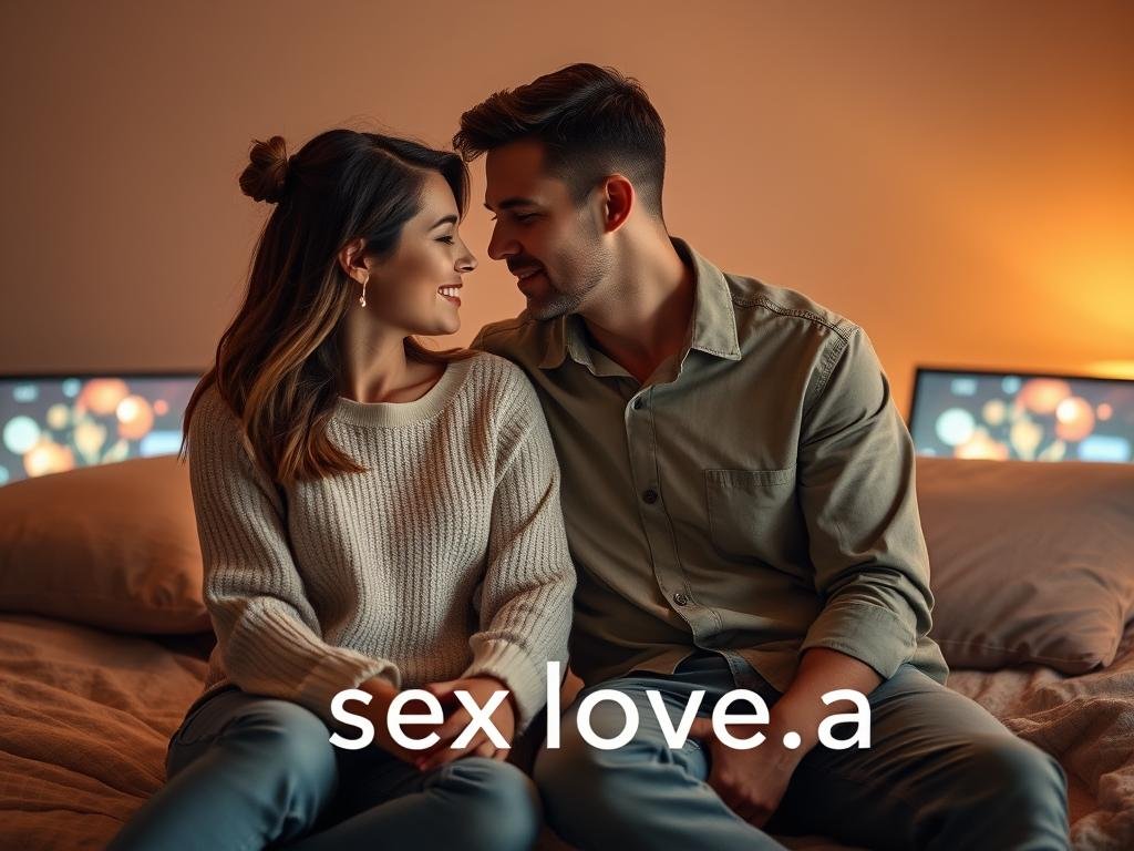 A serene and intimate scene depicting a romantic AI emotional connection. In the foreground, a couple sits closely together, their bodies angled towards each other, emphasizing a genuine connection. They are dressed in modern, modest casual clothing &ndash; the woman in a light sweater and jeans, the man in a casual button-up shirt. Their facial expressions convey warmth and understanding, reflecting deep emotional engagement. The middle ground features soft glowing screens with abstract, colorful patterns resembling AI technology, providing a sense of intimacy and innovation. The background consists of a cozy, dimly lit room adorned with warm, muted tones, soft pillows, and gentle lighting that casts a soft glow around them. The atmosphere should feel inviting and romantic, highlighting the potential of girlfriend AI to foster emotional bonds. Include the text "sexlove.ai" subtly integrated into the design.