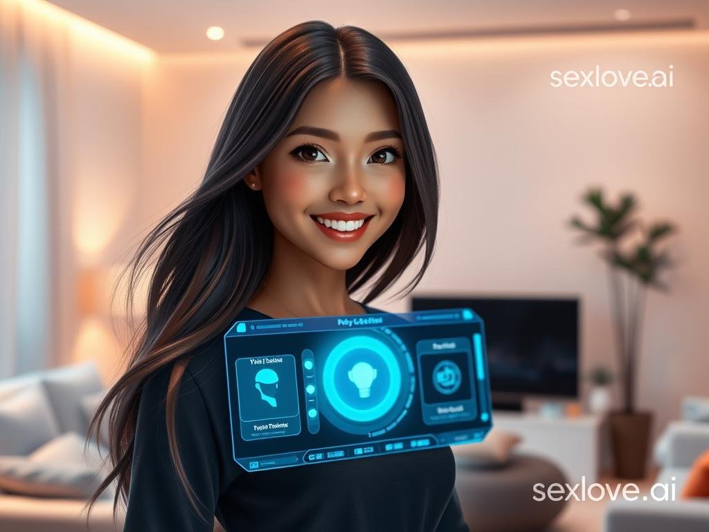 A serene, cozy virtual environment depicting an AI girlfriend simulator experience. In the foreground, a lifelike digital female character with long flowing hair, dressed in smart casual attire, smiles warmly, engaging with the viewer. Her facial expression evokes connection and empathy. In the middle ground, a stylish, futuristic digital interface showcases various interactive elements, suggesting personalized features of the simulator. The background features a softly illuminated, modern living space with gentle pastel colors, enhancing the inviting atmosphere. Soft lighting casts a warm glow, creating a comforting and intimate mood. The scene is viewed from a slight above angle, adding a dynamic perspective. Include a faint logo for "sexlove.ai" subtly integrated into the corner of the interface, enhancing brand recognition without overpowering the scene.