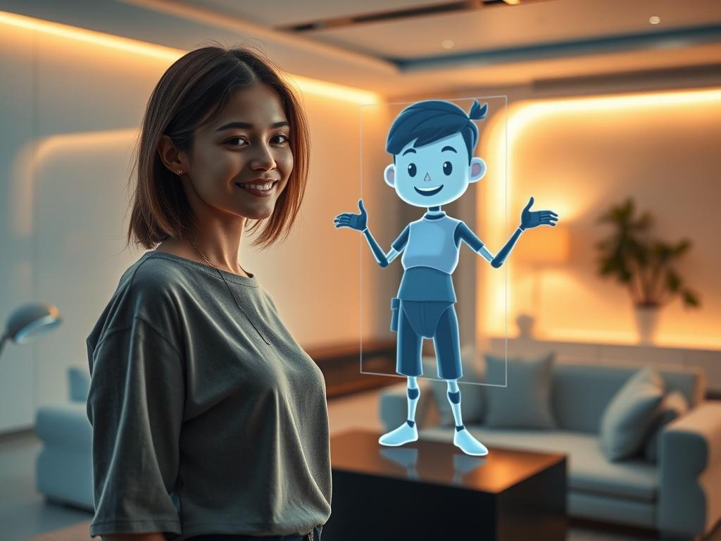 A serene, futuristic room where a young woman in modest casual clothing interacts with a holographic companion. The foreground features her gently smiling, with soft ambient light illuminating her face, evoking warmth and connection. In the middle ground, the lifelike hologram of a charming, animated character offers a friendly pose, showcasing advanced AI technology. The background includes modern d&eacute;cor elements like sleek furniture and warm-toned artificial lighting that enhances the atmosphere of comfort and companionship. The overall mood should convey a sense of wonder and understanding of virtual companionship. The image should reflect harmony and technology blending seamlessly, hinting at the future of human-AI interactions. Include the brand name "sexlove.ai" subtly integrated into the environment.
