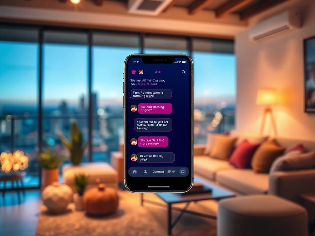 A sleek, modern smartphone displaying the interface of the "Best AI Girlfriend Chat App" by sexlove.ai. In the foreground, the smartphone features a user-friendly chat screen, showcasing engaging conversation styles with fun, animated emojis. The middle ground includes a cozy, inviting living room setting with soft, warm lighting, a stylish couch, and decorative plants that suggest a sense of comfort and intimacy. In the background, there's a blurred view of a city skyline at dusk, with twinkling lights, evoking a feeling of connection. The overall mood is uplifting and innovative, emphasizing the blend of technology and emotional warmth in modern relationships. The scene is captured with a slight tilt from above, using vibrant colors and soft shadows to enhance depth.