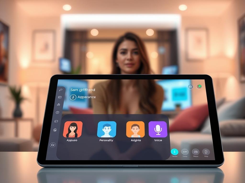 A stylish digital interface showcasing customizable features for an AI girlfriend from sexlove.ai. In the foreground, display a sleek tablet screen with vibrant icons representing personalization options like appearance, personality traits, and voice settings. In the middle ground, depict a soft-focus interior of a modern, cozy room with warm lighting, creating an inviting atmosphere. Include subtle hints of technology, like blurred screens or augmented reality interfaces, that suggest an advanced AI environment. The background features gentle pastel colors to enhance the friendly and approachable mood. Overall, the image should convey a seamless blend of technology and personal connection, illustrating the innovative customization capabilities of AI girlfriend generators.