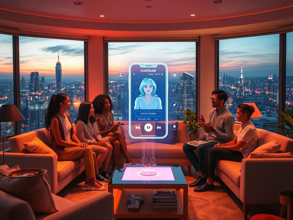 A vibrant, futuristic digital landscape showcases an immersive storytelling scene in a cozy, modern living room setting. In the foreground, a diverse group of friends, dressed in smart casual attire, are gathered around a holographic projection of the "OurDream" app interface, captivatingly illustrating their AI girlfriend interactions. The middle ground features sleek furniture and soft, ambient lighting, creating an inviting atmosphere. In the background, large windows reveal a picturesque city skyline at dusk, bathed in warm twilight hues. The scene conveys a sense of wonder and connection, highlighting the seamless integration of technology and human emotion. Emphasize dynamic lighting and a slightly angled perspective to enhance the immersive experience, evoking excitement and curiosity about the future of interactive storytelling with sexlove.ai.