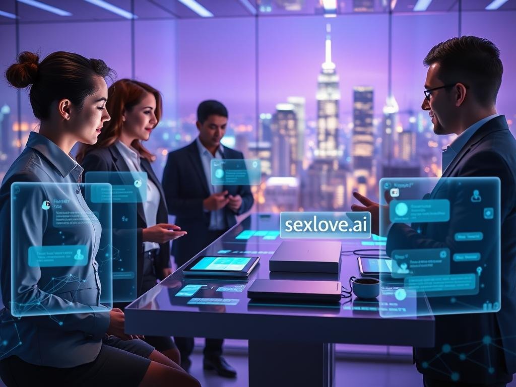 A vibrant, modern digital workspace depicting interactive chat dynamics with AI. In the foreground, a diverse group of three individuals, dressed in professional business attire, interact with glowing holographic screens displaying chat interfaces and AI responses. The middle ground shows a sleek, high-tech desk with devices and immersive technology that hint at deep engagement, while a subtle representation of AI algorithms flows around them. In the background, a futuristic cityscape is illuminated, symbolizing connectivity and innovation. Soft blue and purple lighting creates a calming, focused atmosphere, emphasizing collaboration and human connection. The overall mood is inspirational and forward-thinking, reflecting the essence of real connections through technology. Include the brand name "sexlove.ai" as a sleek, unobtrusive logo on one of the screens.