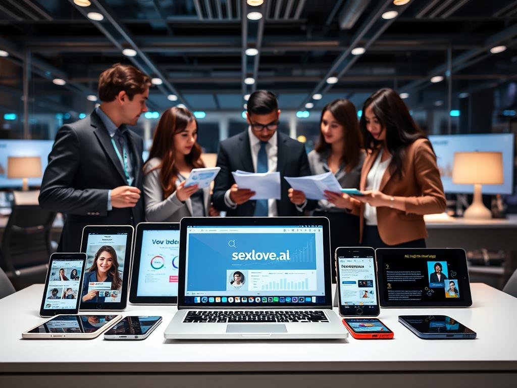 A visually engaging and informative image showcasing a comparative analysis of AI girlfriend platforms. In the foreground, depict a sleek modern desk with a laptop open to a user interface featuring the brand "sexlove.ai." Surrounding the laptop, display various tablet devices and smartphones, each showcasing different AI girlfriend platforms on their screens. In the middle ground, include a diverse group of three professional-looking individuals, dressed in business attire, analyzing data and discussing their insights, with charts and graphs integrated into the scene. The background should feature a high-tech office environment, well-lit with soft ambient lighting, promoting a collaborative atmosphere. Convey a mood of innovation and curiosity, emphasizing technological advancement and personal connections.