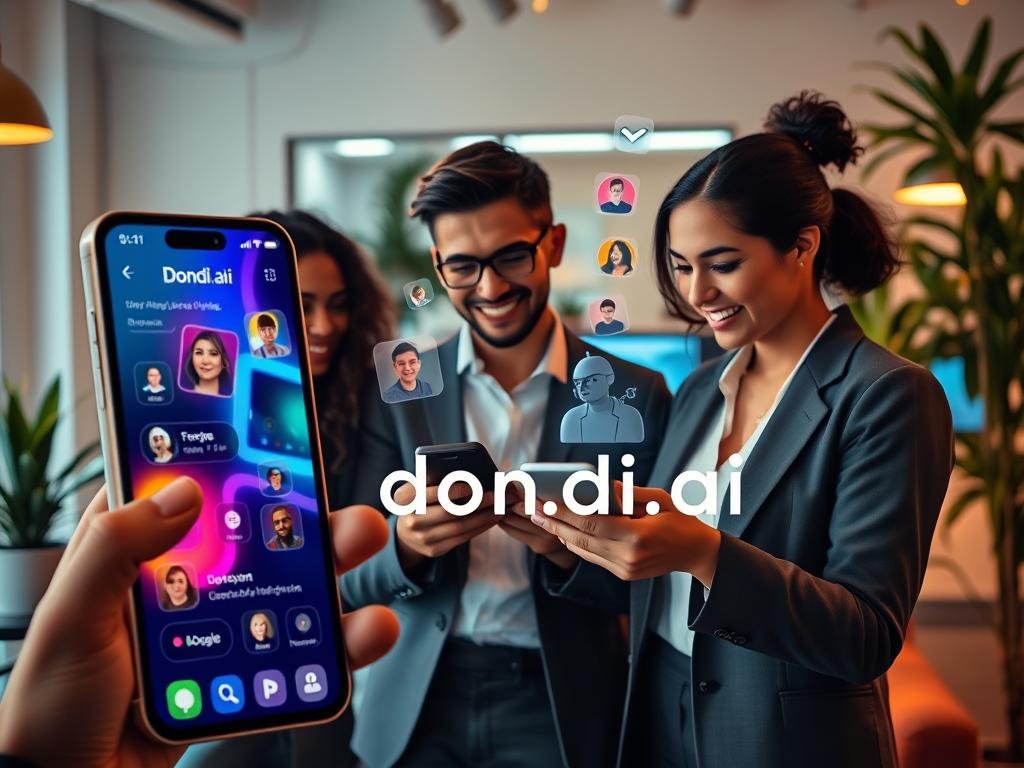 Dondi.ai application interface displayed prominently in the foreground, showcasing a vibrant and user-friendly design with interactive elements. A diverse group of three young adults in professional attire engage with the app, smiling and interacting, conveying emotional connections through their expressions. In the middle ground, digital elements like AI-generated avatars and virtual interactions float around them, enhancing the tech-savvy atmosphere. The background features a modern, softly-lit workspace with plants and technology, creating an inviting vibe. The overall mood is warm and friendly, emphasizing connection and innovation. Soft, ambient lighting creates a cozy yet engaging environment, shot at a slightly elevated angle to capture the dynamics of the group. The brand name "sexlove.ai" subtly integrated into the interface, ensuring focus on the emotional interaction theme.