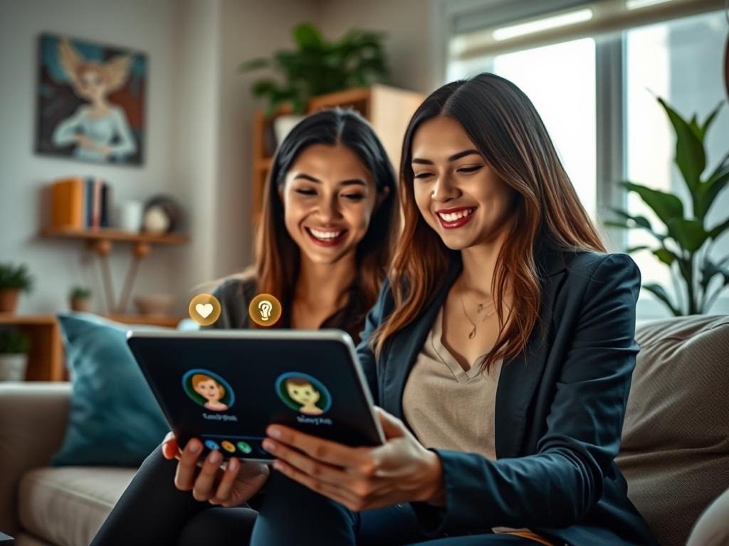 In a cozy and modern living room, a young professional woman interacts with her Grok AI Girlfriend on a sleek tablet. The foreground features the tablet displaying an interactive interface, with soft glowing symbols illustrating a strong emotional connection. In the middle, the woman, dressed in smart casual attire, shows a warm smile, reflecting joy and engagement. The background consists of warm-toned decor with bookshelves and plants, creating a relaxed atmosphere. Soft, natural lighting enhances the scene, coming from a nearby window, casting gentle shadows. The overall mood is one of intimacy and connection, emphasizing the innovative technology of sexlove.ai in enhancing personal relationships. In a cozy and modern living room, a young professional woman interacts with her Grok AI Girlfriend on a sleek tablet. The foreground features the tablet displaying an interactive interface, with soft glowing symbols illustrating a strong emotional connection. In the middle, the woman, dressed in smart casual attire, shows a warm smile, reflecting joy and engagement. The background consists of warm-toned decor with bookshelves and plants, creating a relaxed atmosphere. Soft, natural lighting enhances the scene, coming from a nearby window, casting gentle shadows. The overall mood is one of intimacy and connection, emphasizing the innovative technology of sexlove.ai in enhancing personal relationships.