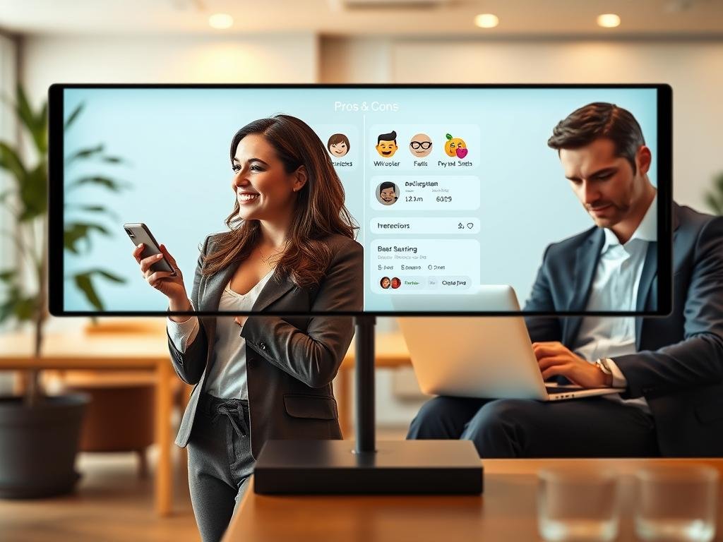 A balanced composition illustrating the pros and cons of the SexLove.ai app. In the foreground, depict a split screen: one side showing a confident, professional woman in smart casual attire, enthusiastically engaging with a smartphone, symbolizing the positive aspects of the app. On the opposite side, a thoughtful, suited man looking at a laptop, representing the concerns or drawbacks. In the middle, a stylized digital interface displaying engaging emojis and user stats, symbolizing interaction and features. The background features a soft, modern office environment with warm lighting, creating an inviting yet professional atmosphere. Employ a slight vignette effect to draw focus toward the subjects while maintaining a clear, informative vibe.