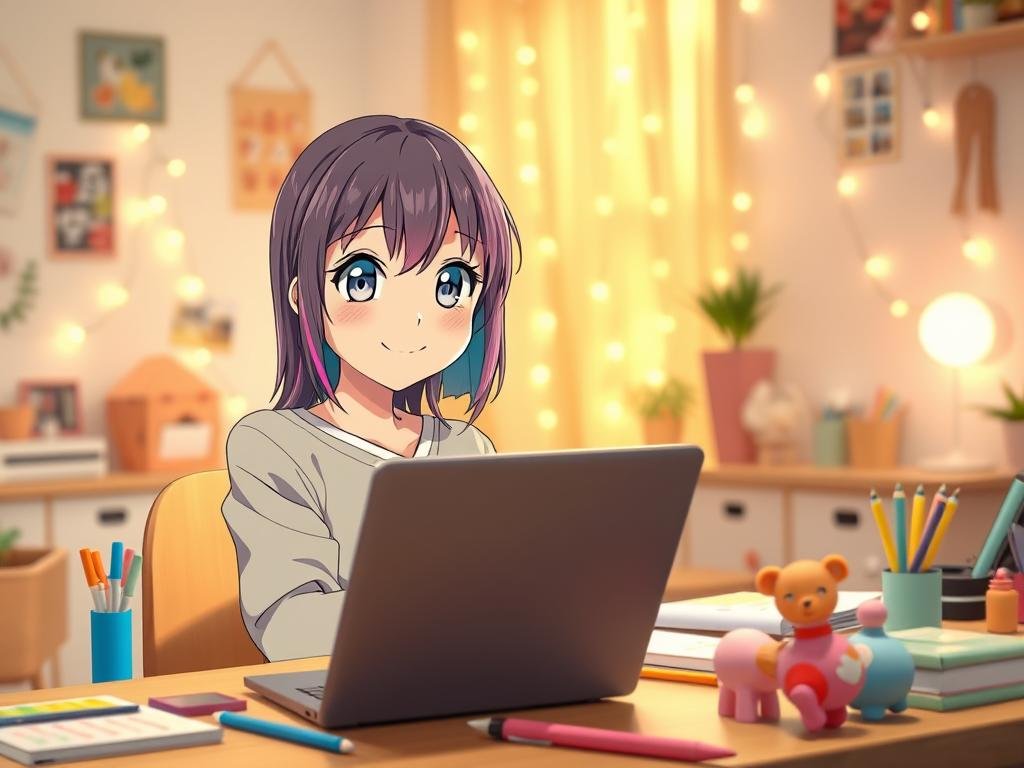 A beautifully designed Japanese anime girl with colorful hair and large expressive eyes, seated at a modern desk with a sleek laptop open in front of her, engaged in a friendly chat. She has a warm, cheerful expression, wearing a stylish, modest casual outfit that reflects her personality. The foreground features her vibrant character, while the middle ground includes details of the cluttered desk, showcasing colorful stationery and cute figurines. In the background, a softly lit cozy room with pastel colors and atmospheric fairy lights creates an inviting mood. The lighting is warm and bright, enhancing the uplifting atmosphere. The scene captures the essence of an interactive AI girlfriend experience from the app "Sexlove.ai".