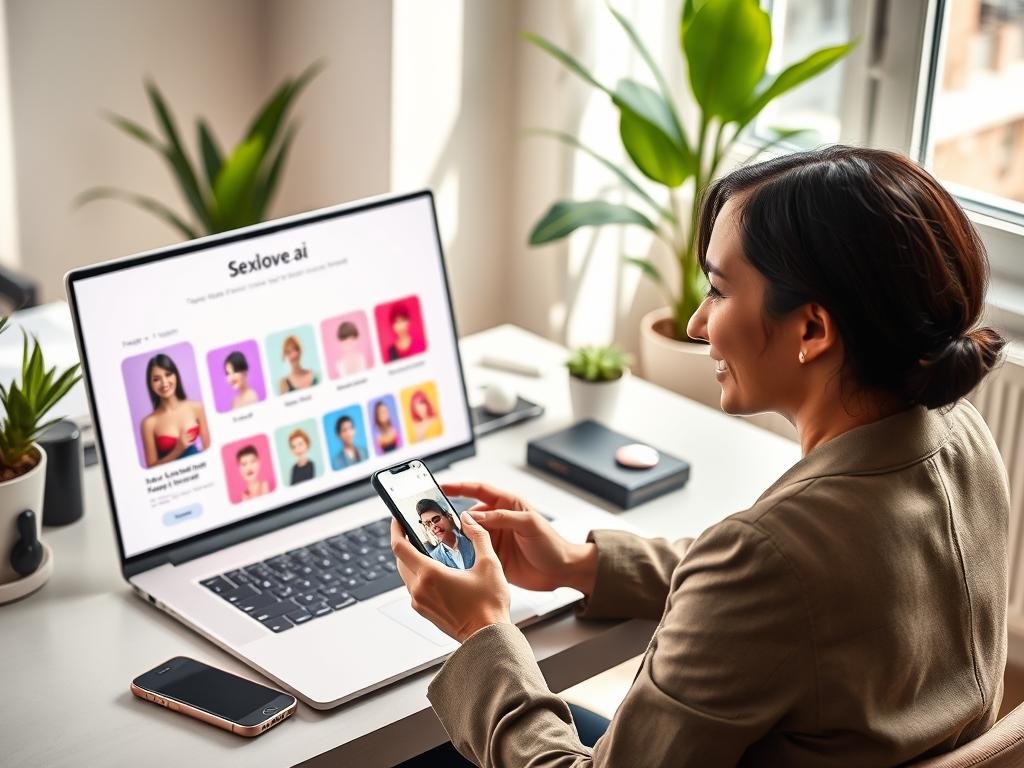 A bright and inviting workspace featuring a modern desk with a sleek laptop open to a user-friendly AI girlfriend app interface. In the foreground, a person in smart casual attire, focused and smiling, is gripping a smartphone while engaging with the app. The laptop screen displays vibrant graphics of the app&rsquo;s personality customization options, highlighting features like voice tone and interests. Background elements include potted plants and tech gadgets, adding a touch of modernity to the scene. Natural light spills in through a nearby window, creating a warm and uplifting atmosphere. A subtle reference to "Sexlove.ai" appears within the laptop display in a tasteful manner. The overall mood is enthusiastic and hopeful, reflecting an engaging journey into technology and companionship.