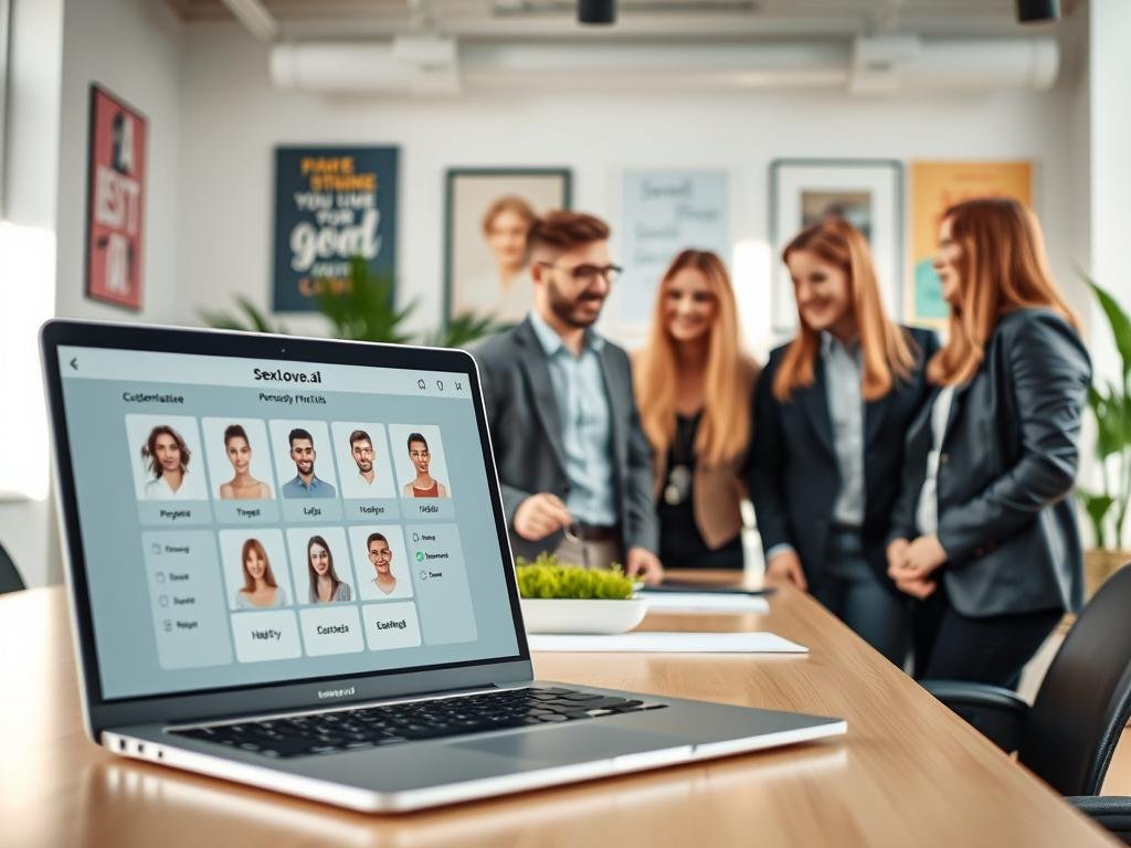 A bright, modern workspace showcasing a step-by-step customization process for an AI girlfriend using the app "sexlove.ai." In the foreground, display a sleek laptop with the app interface visibly open, featuring various customizable options like appearance, personality traits, and hobbies. In the middle ground, include a diverse group of young professionals in smart casual attire, analyzing the app together, smiling and engaging in discussion. The background should depict a well-lit, contemporary office with motivational posters and potted plants, creating a positive and collaborative atmosphere. Use soft, natural lighting to convey a warm, inviting mood, with a slight depth of field focusing on the laptop screen.