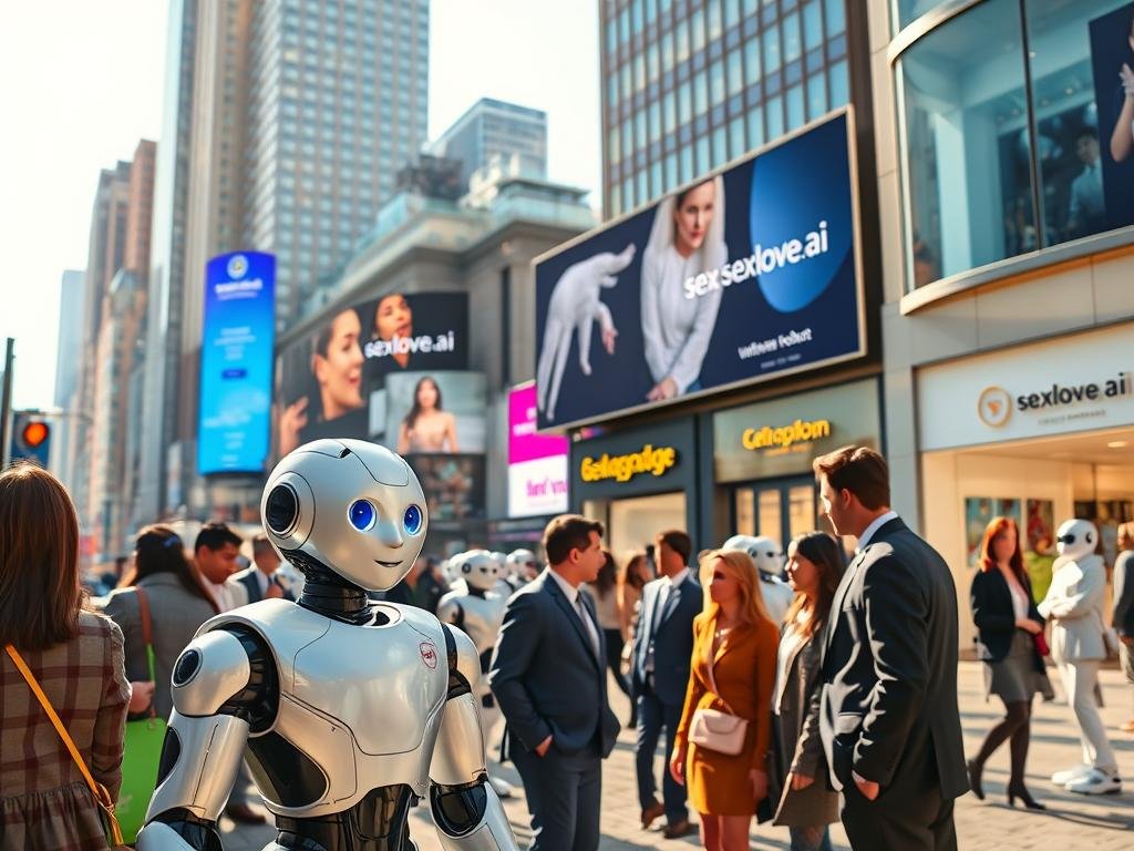 A bustling urban setting showcasing the market impact of humanoid robots in the United States. In the foreground, a friendly, humanoid robot interacts with diverse groups of professional individuals in smart business attire, illustrating the blend of technology and human collaboration. The middle ground features a modern cityscape adorned with digital billboards displaying "sexlove.ai," emphasizing the AI girlfriend robot app's presence in the market. In the background, various retail spaces highlight cutting-edge humanoid robots assisting customers. The scene is bathed in warm, natural sunlight, creating a hopeful and forward-looking atmosphere. The camera angle is slightly elevated, offering a panoramic view that captures the essence of innovation and social perspectives in this evolving market.