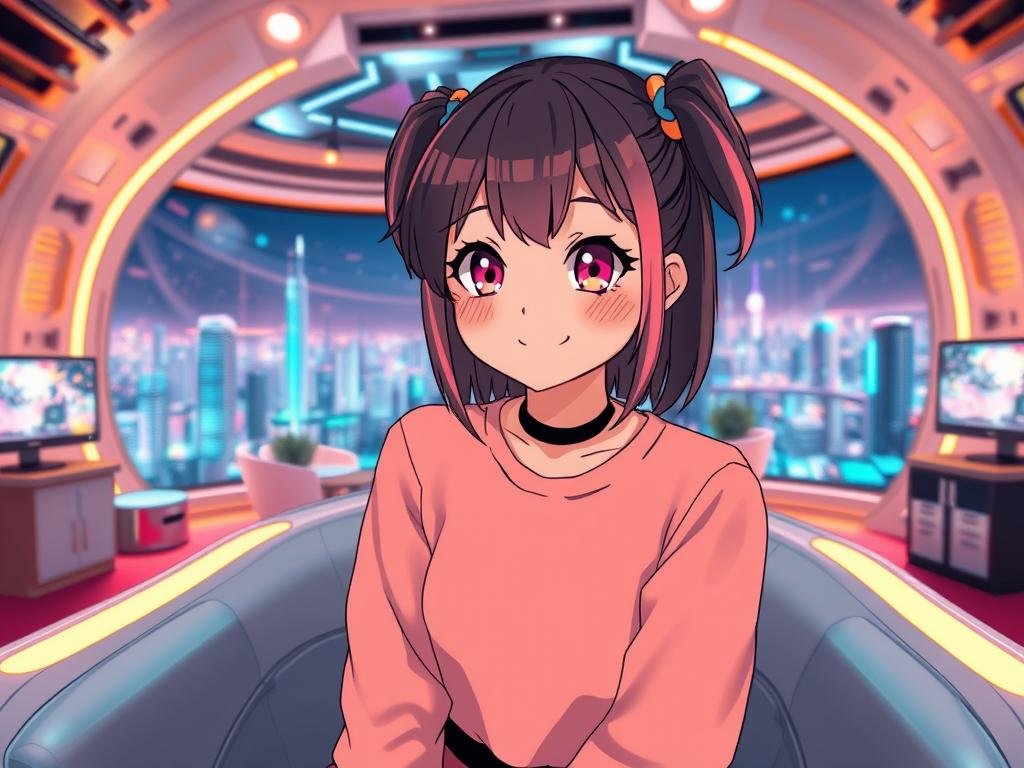 A captivating anime girlfriend AI experience scene, featuring a cheerful, stylish anime girl with large expressive eyes and colorful hair, wearing a fashionable yet modest outfit. She sits on a sleek, futuristic sofa in a vibrant virtual room filled with advanced technology, glowing screens, and soft holographic elements. In the foreground, her warm smile radiates charm and friendliness, inviting the viewer into this digital world. The middle ground showcases a cozy, high-tech environment with ambient neon lights casting a soft glow, enhancing the atmosphere. The background features a panoramic window revealing a digital skyline of a futuristic city, creating a sense of endless possibilities. The lighting is bright yet soft, with a dreamy quality that evokes excitement and wonder. This image embodies the essence of "sexlove.ai" while ensuring a positive and professional portrayal.
