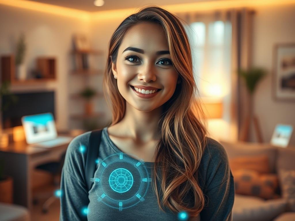 A captivating digital scene featuring a virtual AI girlfriend inspired by "Sexlove.ai". In the foreground, depict a friendly, attractive woman with a warm smile, dressed in stylish, modest casual clothing. She should have long, flowing hair and bright, expressive eyes, symbolizing her engaging personality. In the middle ground, include soft, glowing holographic elements that represent the AI technology, creating a futuristic feel. In the background, visualize a cozy room with ambient lighting, perhaps a sleek desk and modern decor, evoking a relaxed atmosphere conducive to intimate conversations. The overall mood should be inviting and warm, illustrating the depth of her personality that makes her feel real and relatable, captured with a soft focus lens for a dreamy effect.