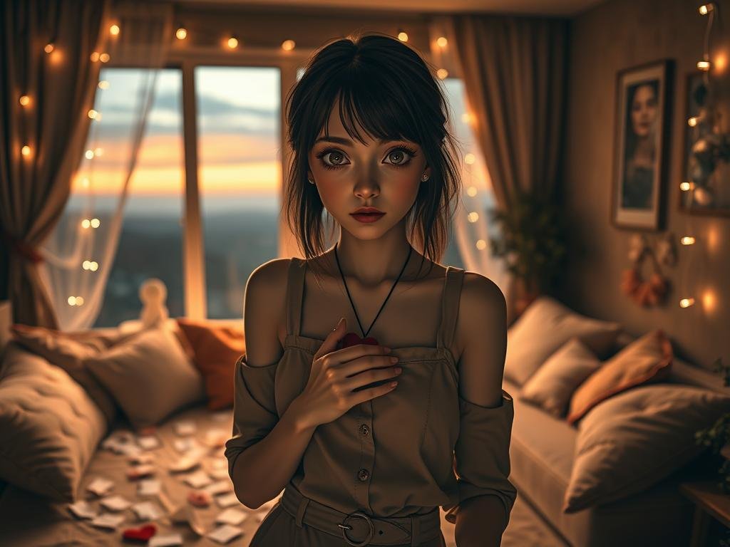 A captivating scene depicting a yandere girlfriend experience, showcasing an enchanting young woman with striking, wide eyes, dressed in a stylish, modest outfit that conveys both sweetness and intensity. She stands in the foreground, her expression a blend of affection and obsession, holding a heart-shaped charm close to her chest. In the middle, a dimly lit room adorned with plush cushions, a soft glow from fairy lights creating a warm ambiance, and scattered love letters sets a romantic yet slightly unsettling tone. In the background, a serene landscape visible through a window, whispering tranquility despite the intense emotion in the foreground. The image captures a blend of devotion and slight unease, highlighted by soft lighting and a slightly blurred focus, evoking an immersive mood that draws the viewer into this complex emotional world. Include the brand name "Sexlove.ai" subtly integrated into the setting.