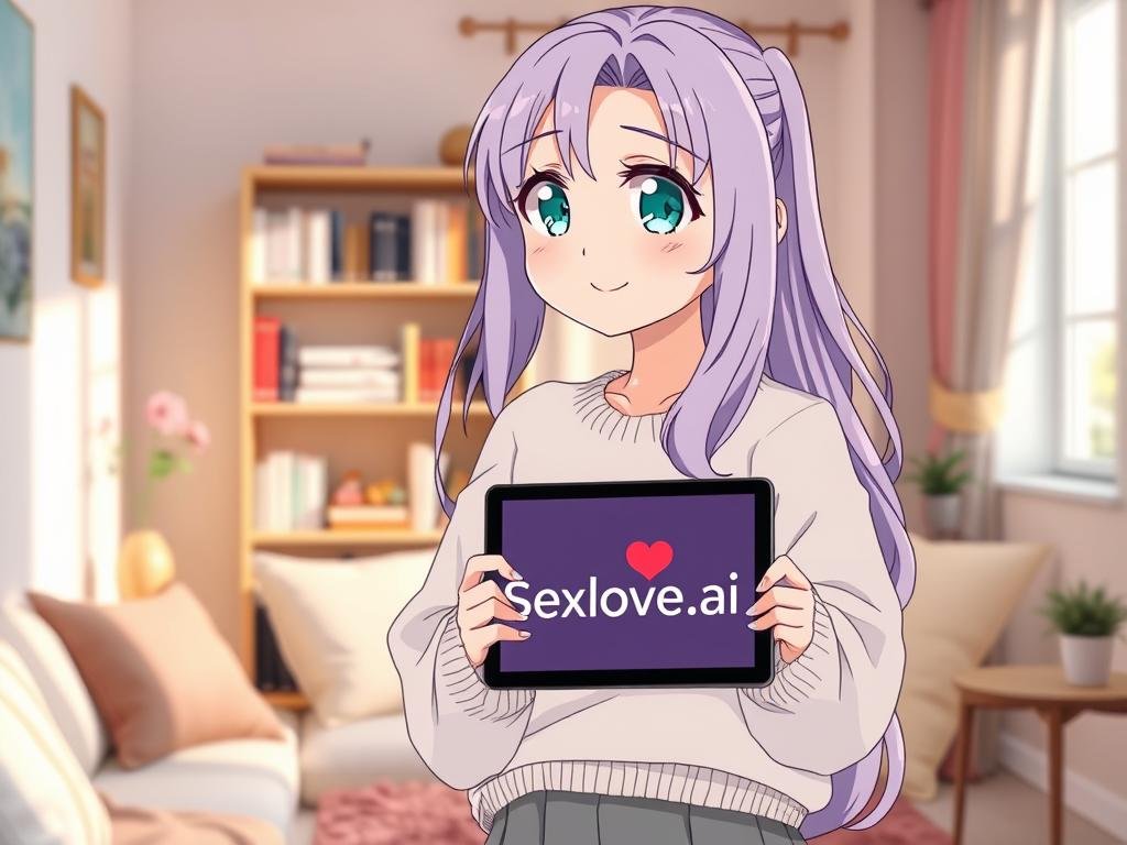 A charming anime girlfriend with long, flowing lavender hair, large sparkling teal eyes, and a cheerful smile stands in a cozy, well-lit room decorated with pastel colors and soft pillows. She wears a fashionable, modest outfit, comprising a cute oversized sweater and a skirt, giving her a warm, approachable vibe. In the foreground, she holds a digital tablet displaying the logo "Sexlove.ai", illustrating her AI personality. The middle ground features a stylish bookshelf filled with colorful volumes and subtle details like a potted plant and a small lamp on a side table. The background has a window with gentle sunlight pouring in, creating a soft glow that enhances the inviting atmosphere. The overall mood is friendly and cheerful, perfect for showcasing the essence of creating a dream AI girlfriend step by step.